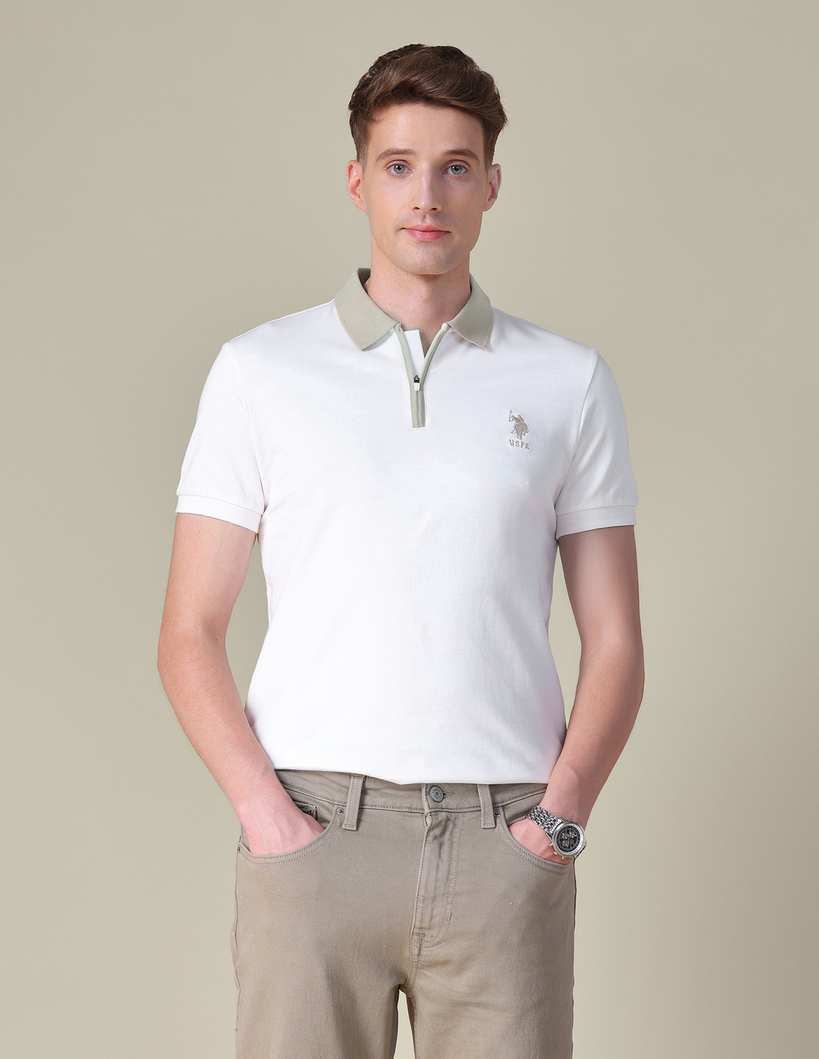 Image of U.S. Polo Assn. Denim Co. Solid Men Polo Neck White T-Shirt