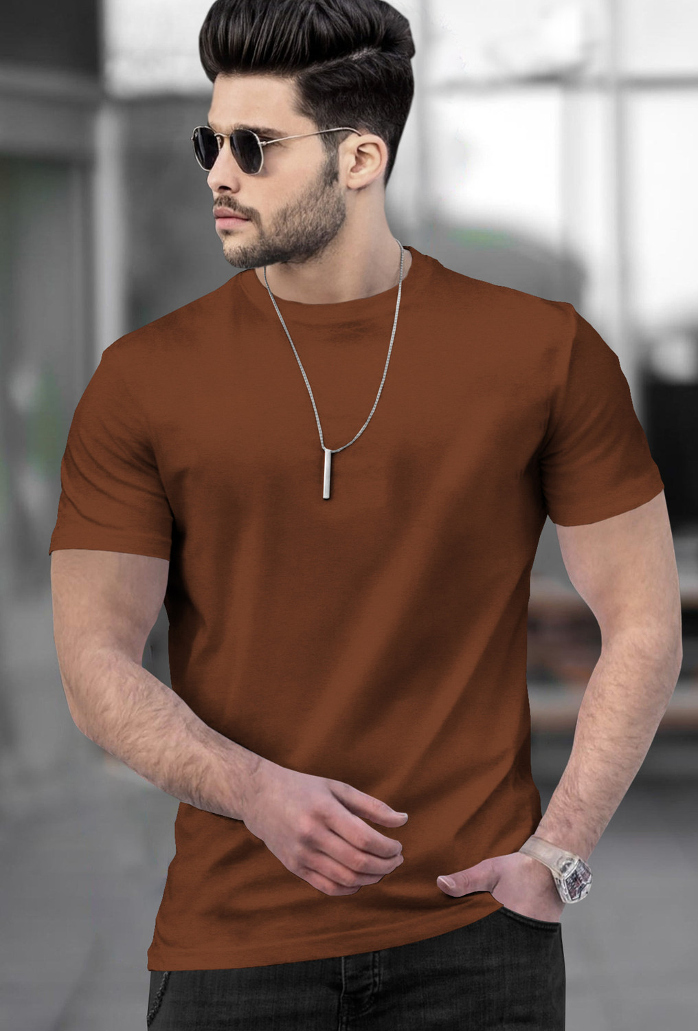 Image of TRIPR Solid Men Round Neck Brown T-Shirt