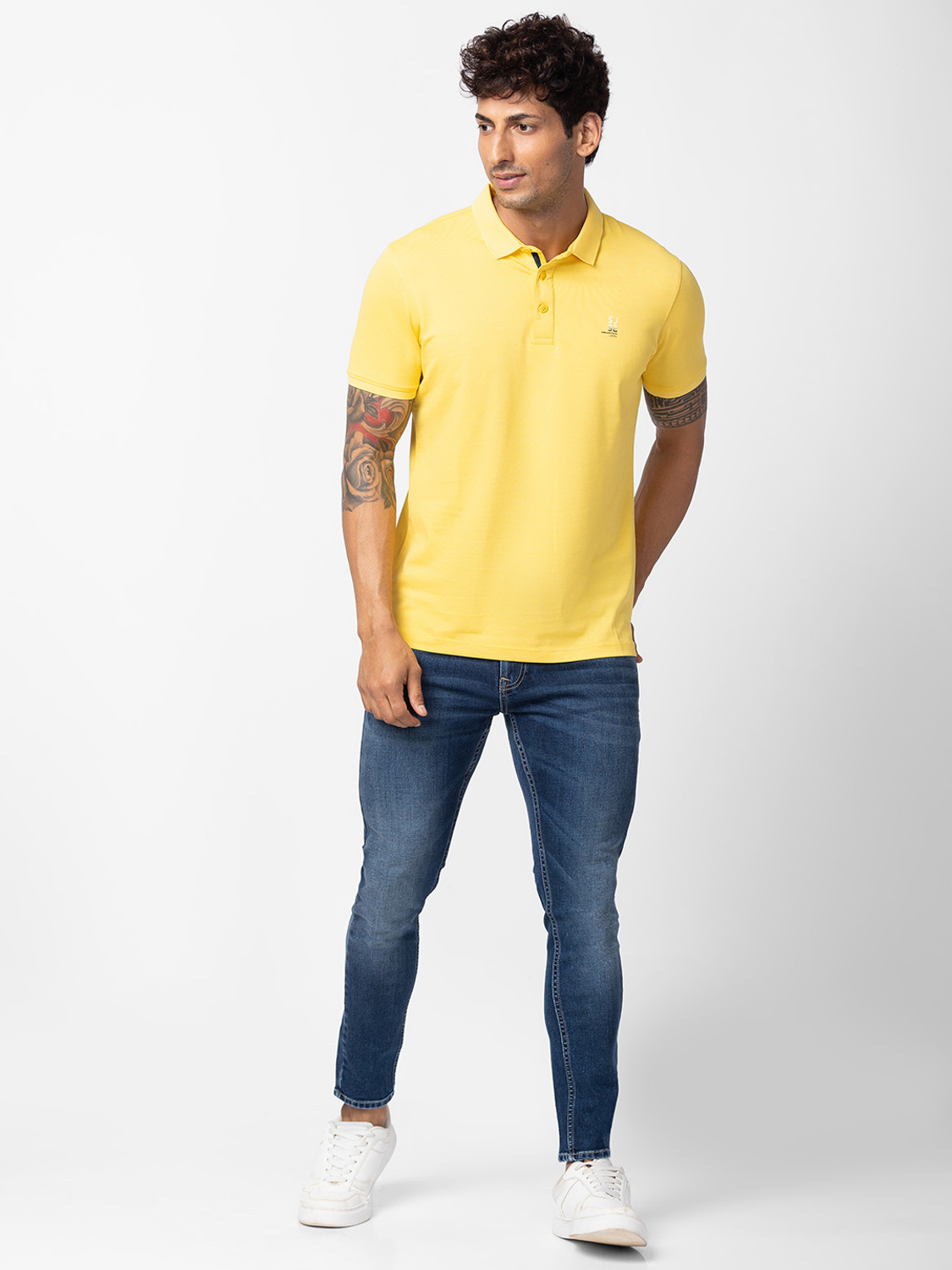 Image of Spykar Solid Men Polo Neck Yellow T-Shirt