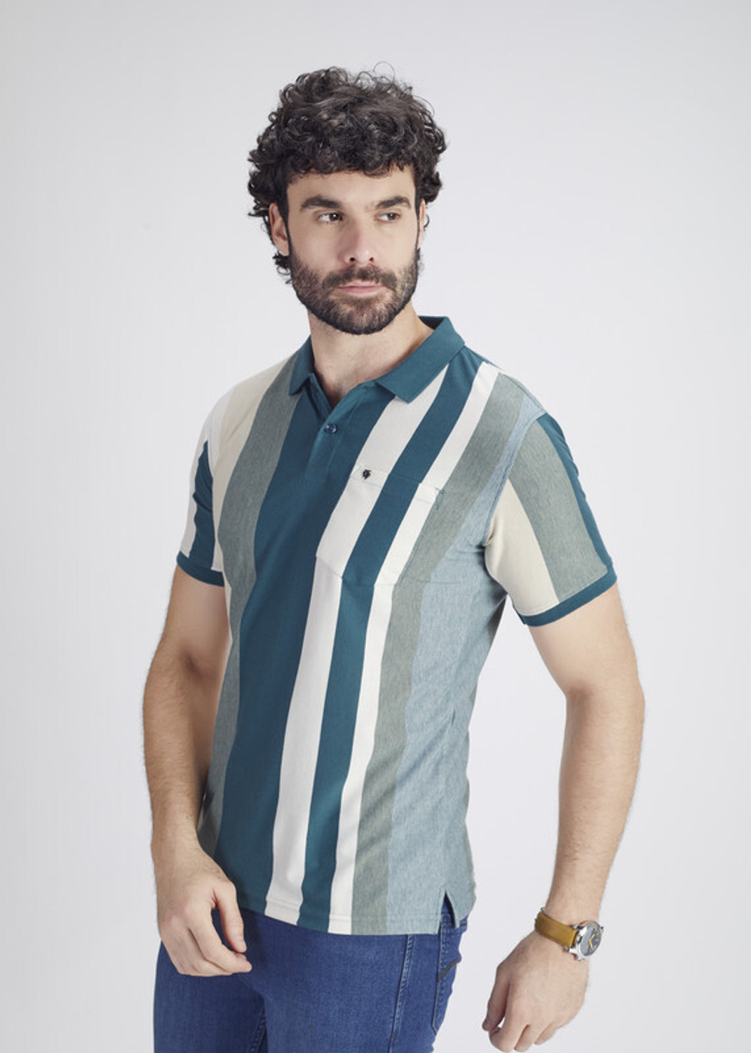 Image of PRORIDERS Striped Men Polo Neck Blue T-Shirt