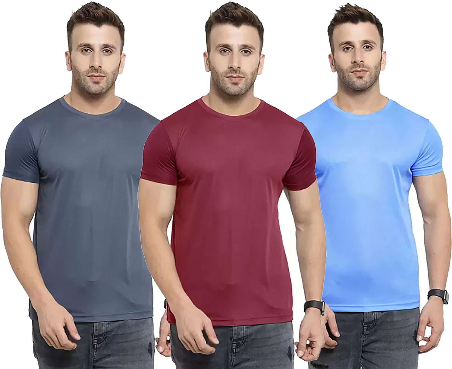 Image of Think Tech Solid Men Round Neck Grey, Maroon, Light Blue T-Shirt