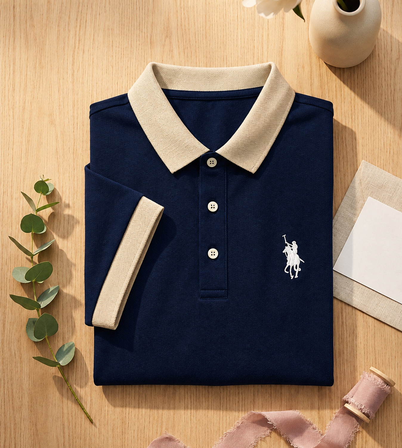 Image of TheGovindCo Solid Men Polo Neck Navy Blue T-Shirt