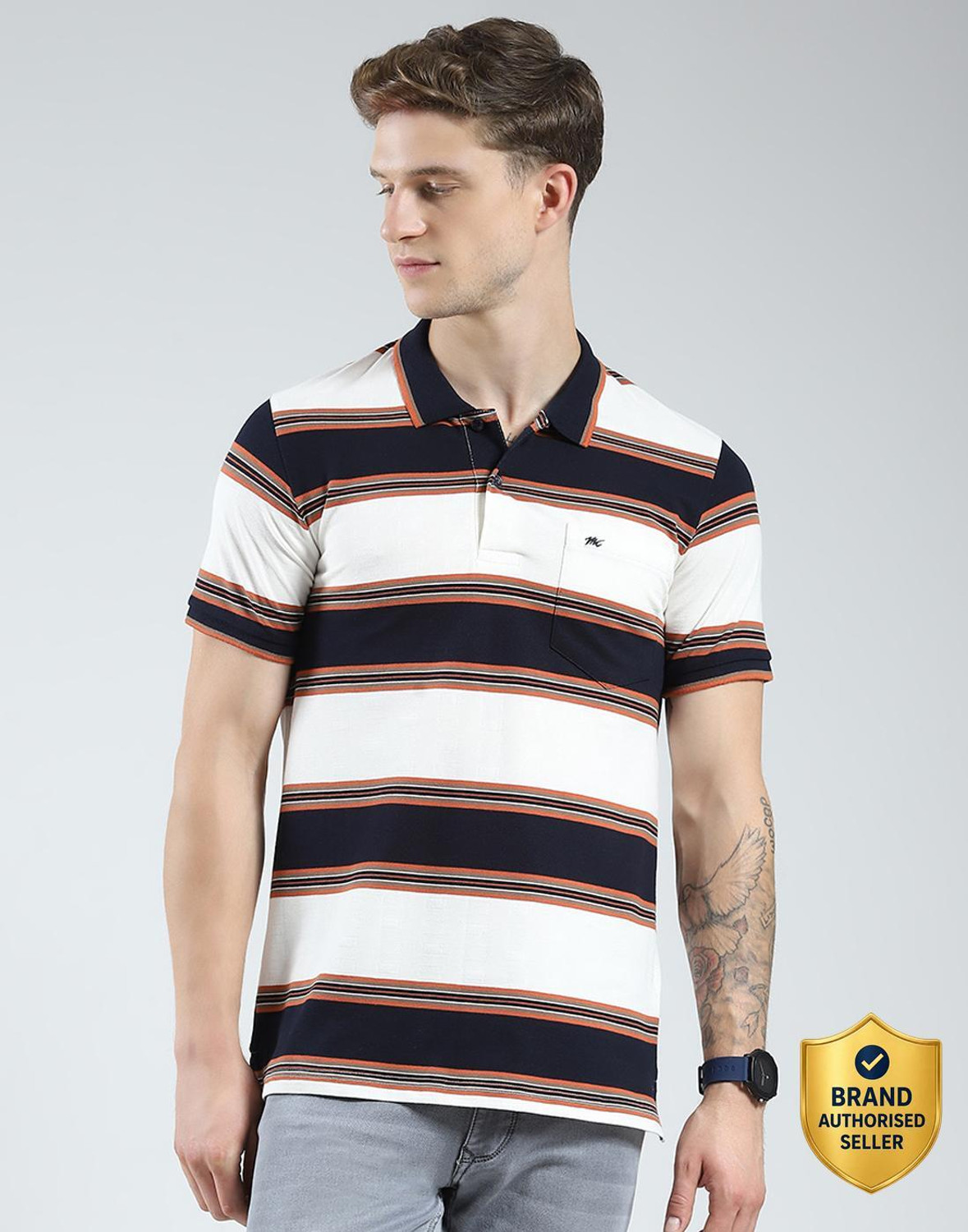Image of MONTE CARLO Striped Men Polo Neck Blue T-Shirt