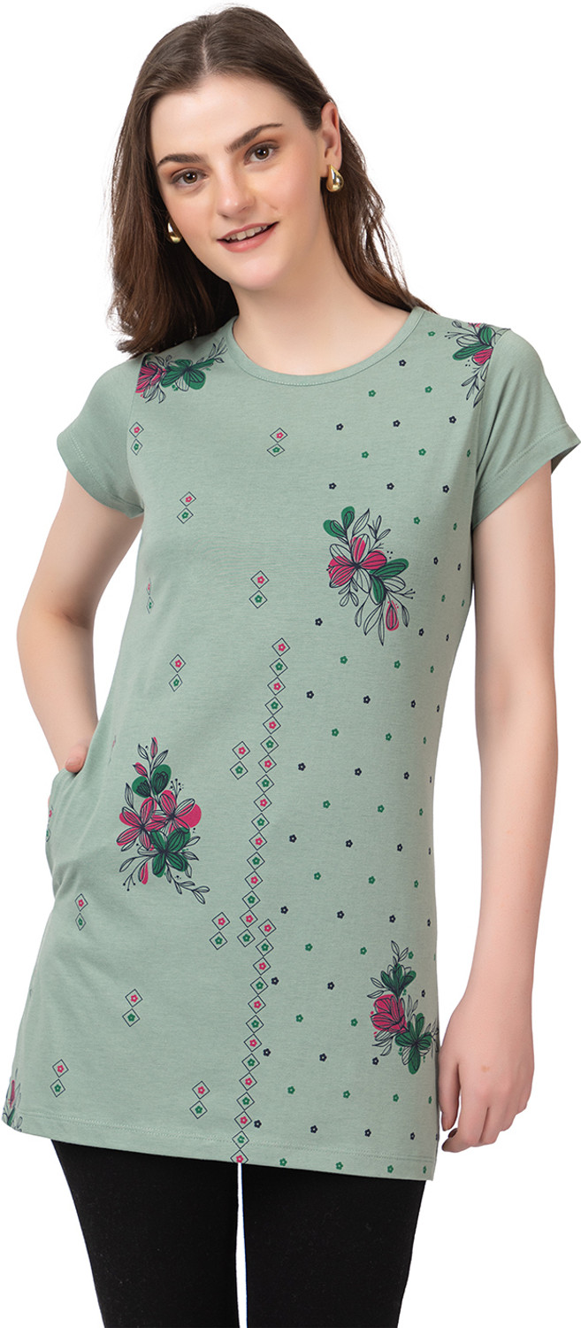 Image of Star Touch Printed Women Round Neck Light Green T-Shirt