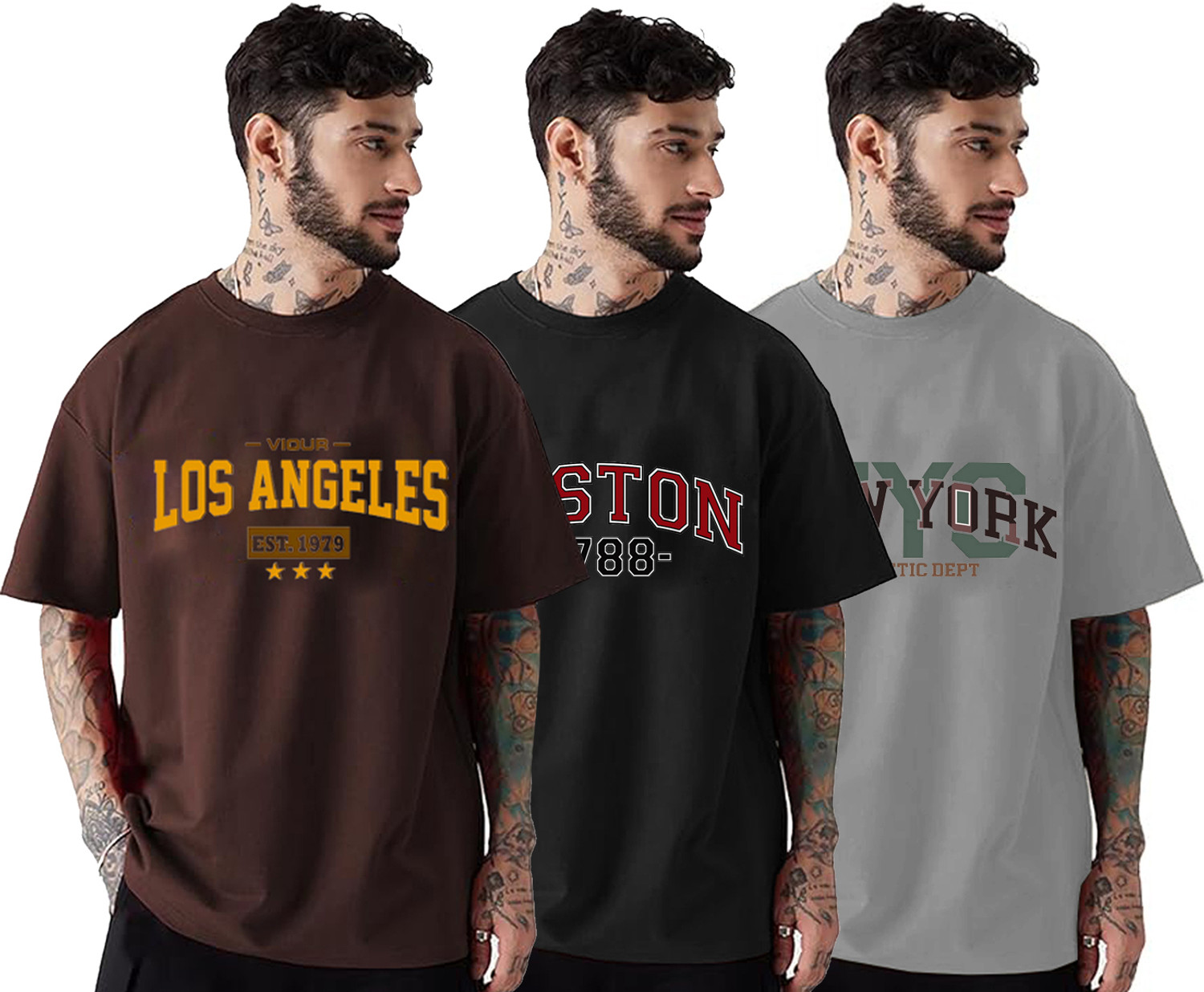 Image of CLAfoutis Solid Men Round Neck Brown, Black, Grey T-Shirt
