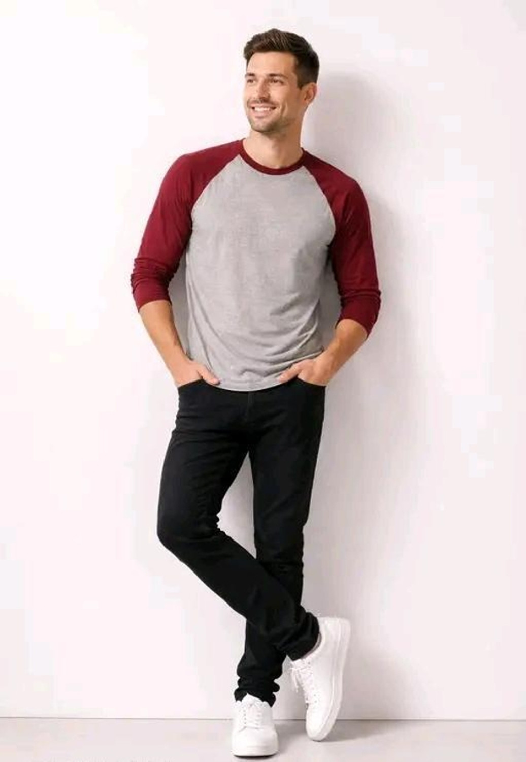 Image of essence tees Solid Men Round Neck Grey, Maroon T-Shirt