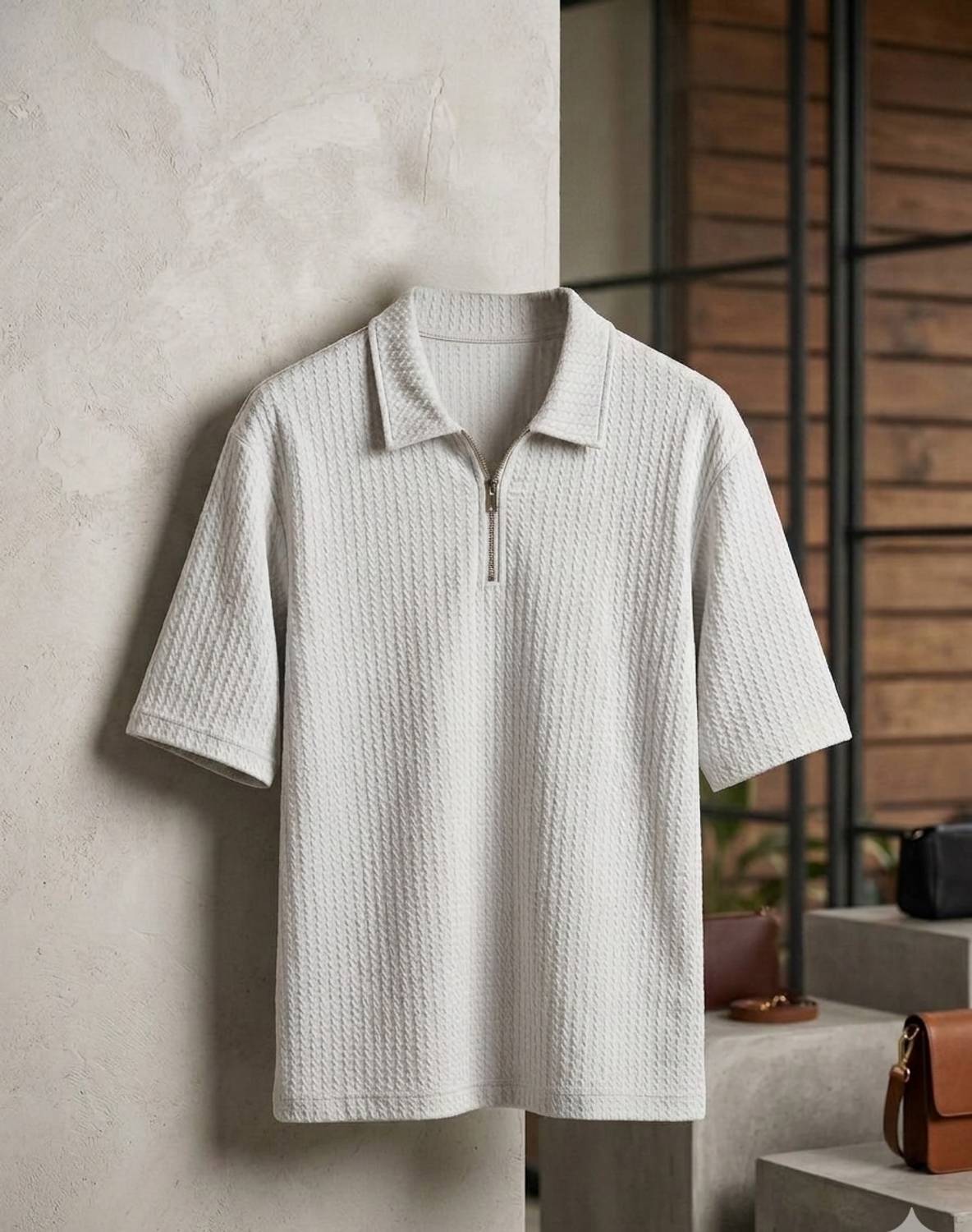 ADIXUS Self Design Men Zip Neck White T-Shirt