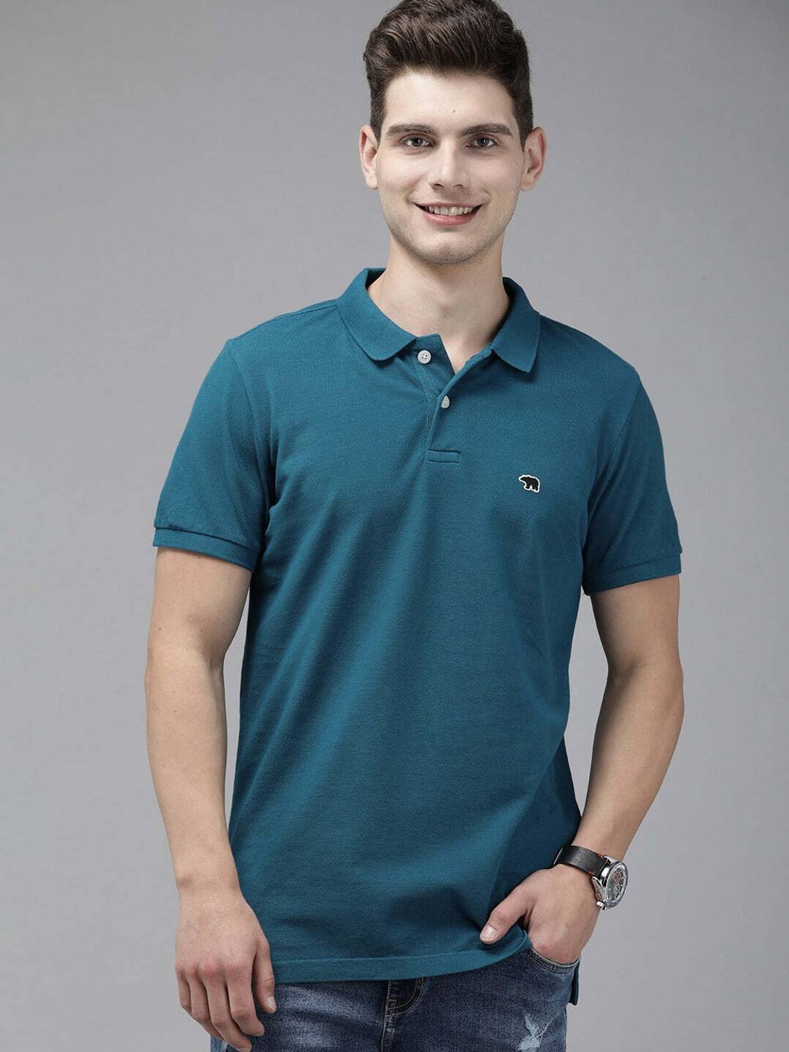 THE BEAR HOUSE Men Solid Polo Neck Pure Cotton Blue T-Shirt