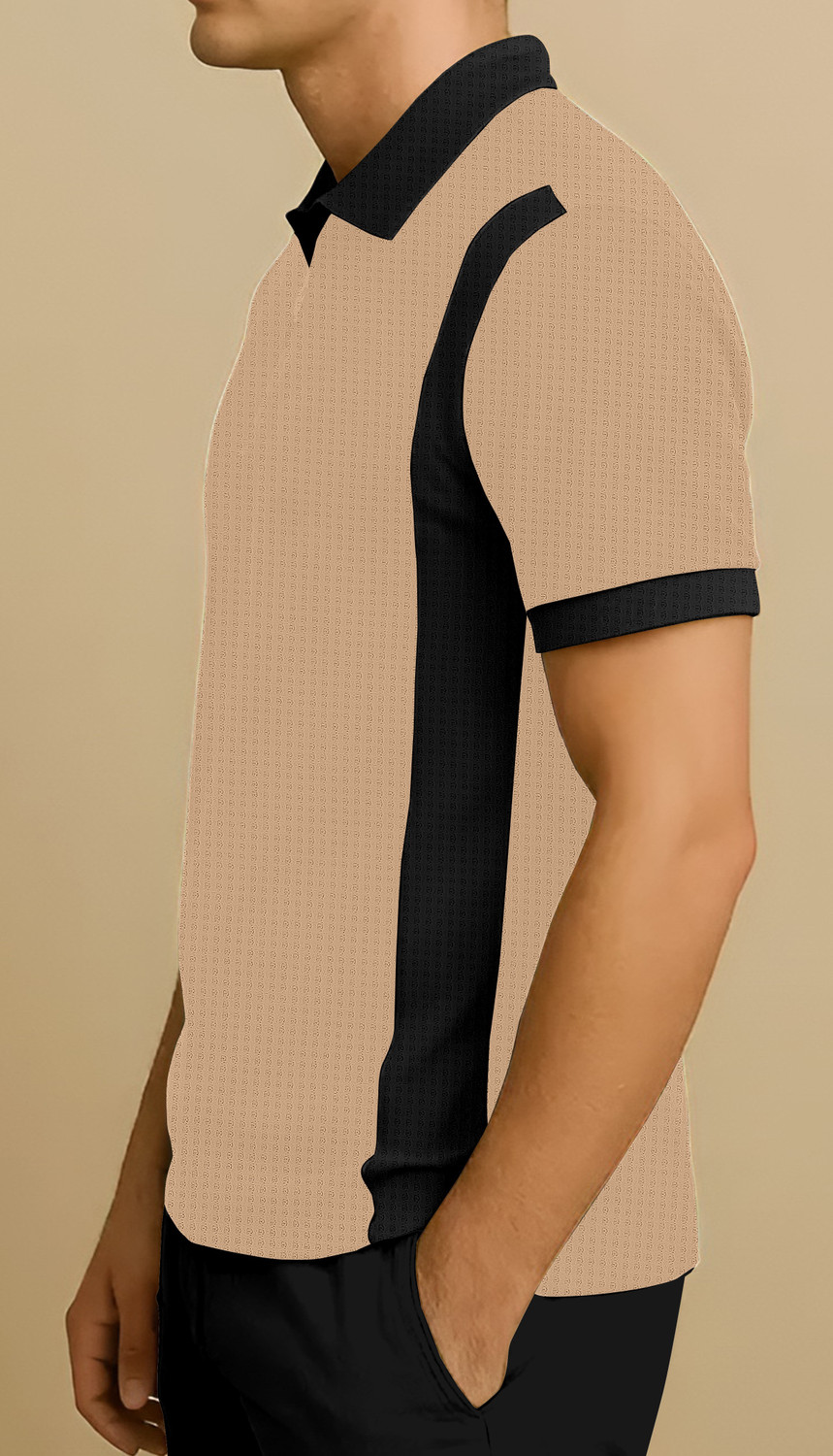 Image of KAJARU Self Design Men Zip Neck Black, Beige T-Shirt
