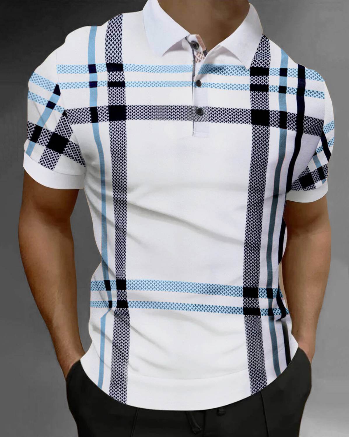 AUSK Men Checkered Polo Neck Cotton Blend White, Black, Blue T-Sh