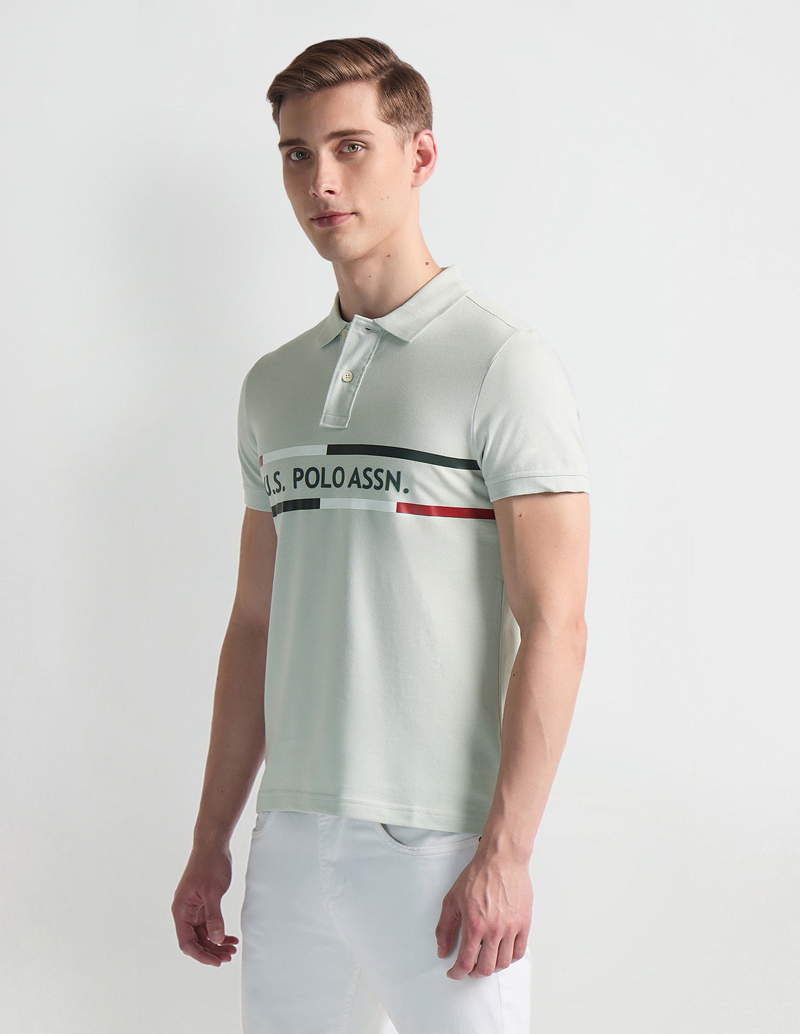 Image of U.S. POLO ASSN. Typography, Striped Men Polo Neck Grey T-Shirt