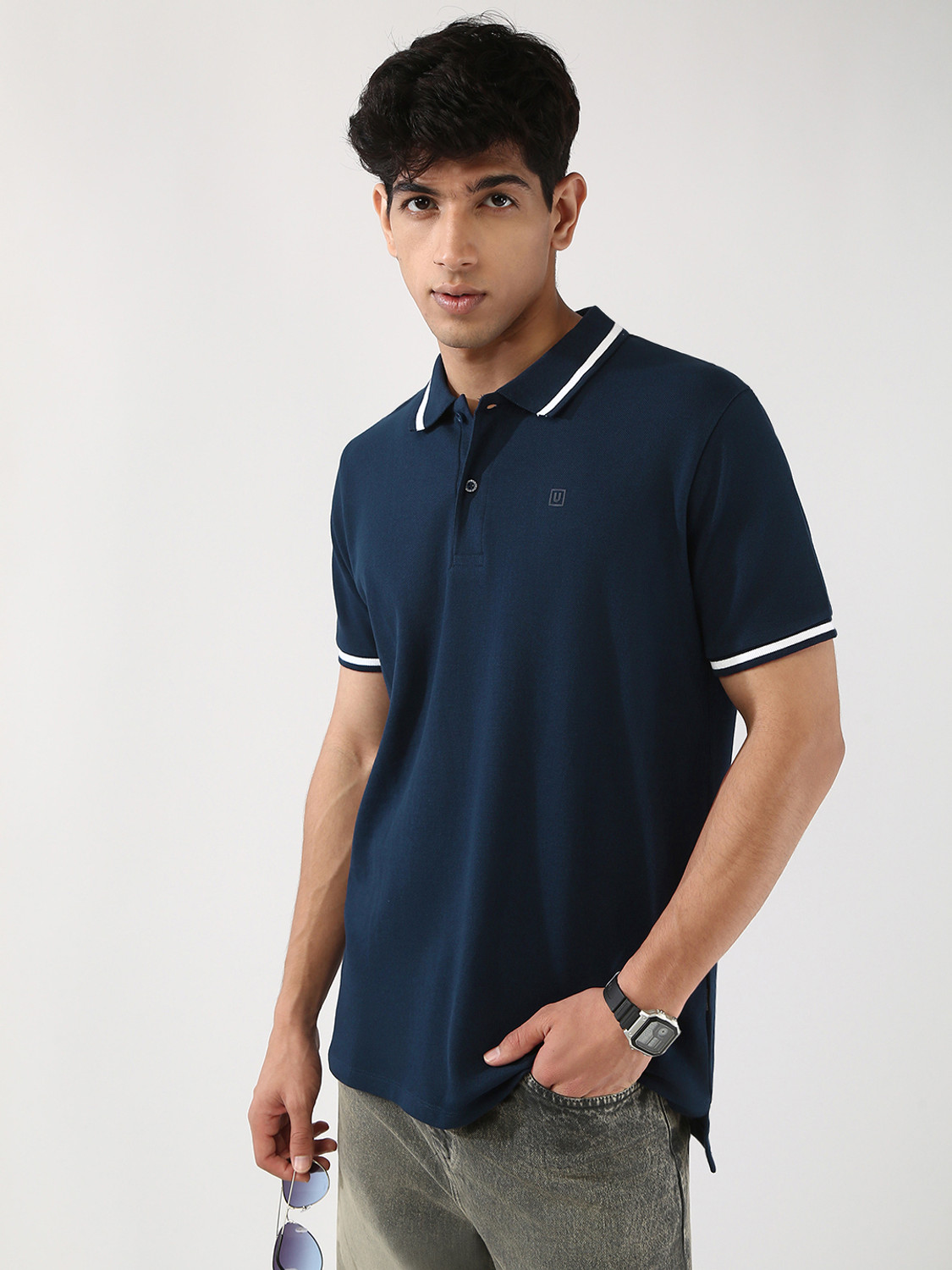 Image of Urbano Fashion Solid Men Polo Neck Dark Blue T-Shirt