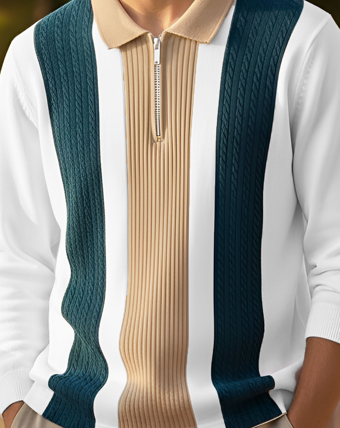 Image of AUSK Colorblock Men Zip Neck White, Dark Blue T-Shirt