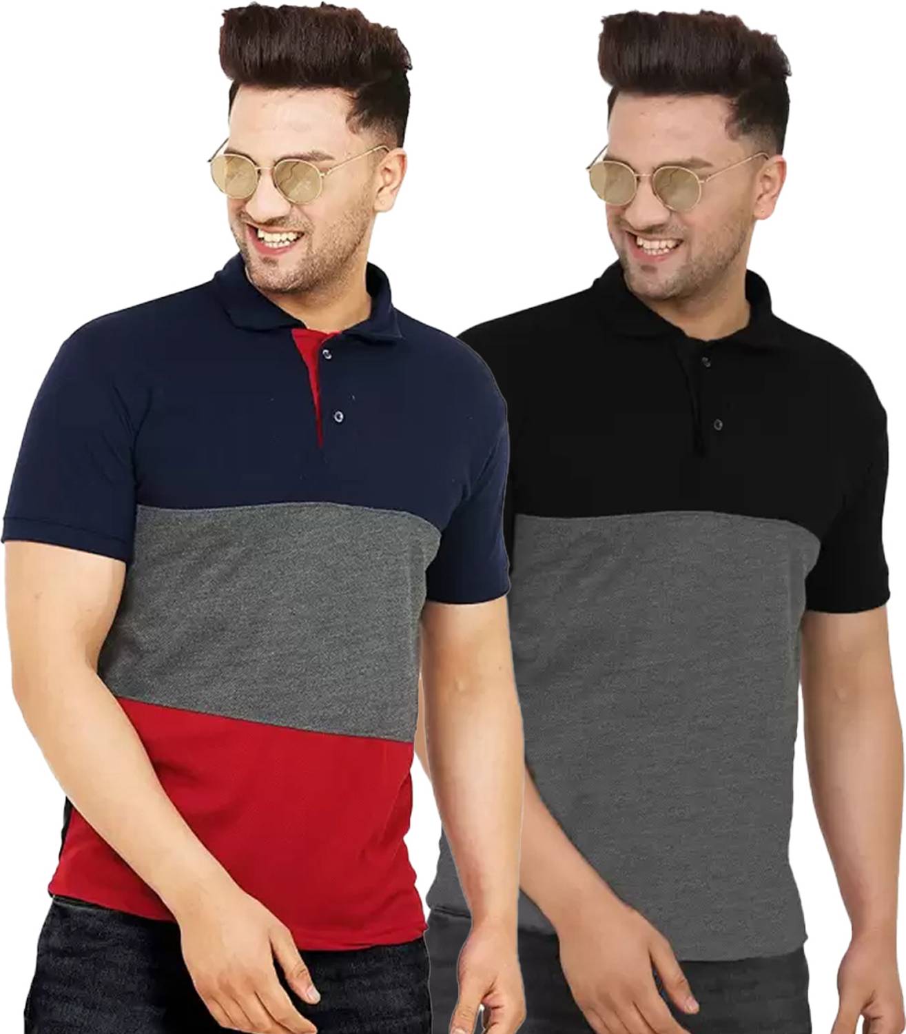 Leotude Men Colorblock Polo Neck Cotton Blend Multicolor T-Shirt