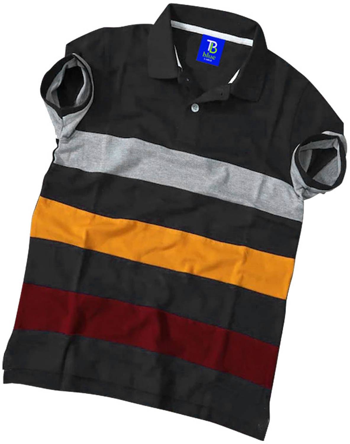 TB Blue Men Striped Polo Neck Cotton Blend Black, Yellow T-Shirt
