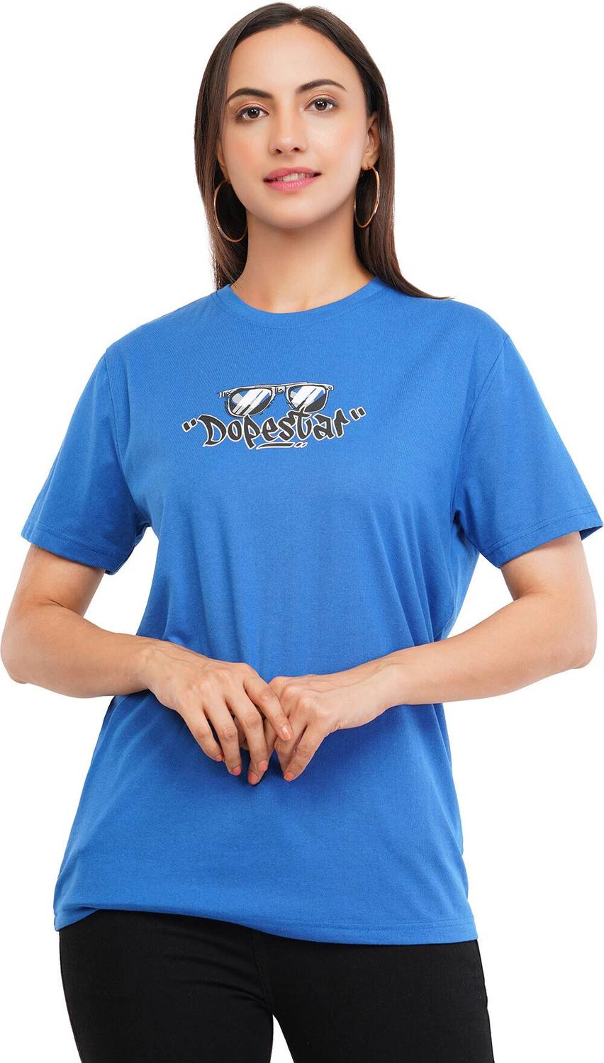 Astrape & Bronte Printed Women Round Neck Blue T-Shirt