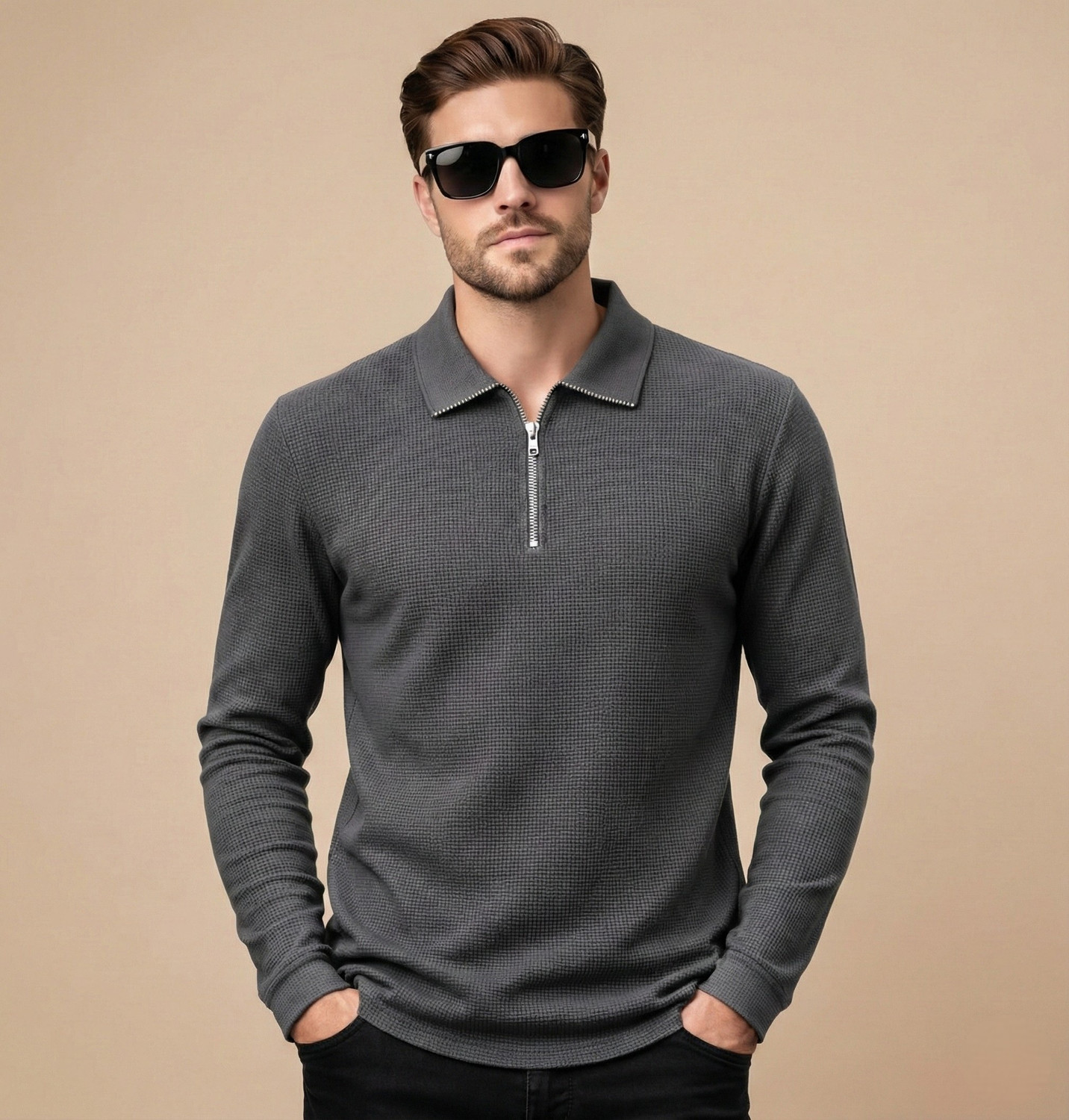 Image of 7 Heavens Self Design Men Zip Neck Grey T-Shirt