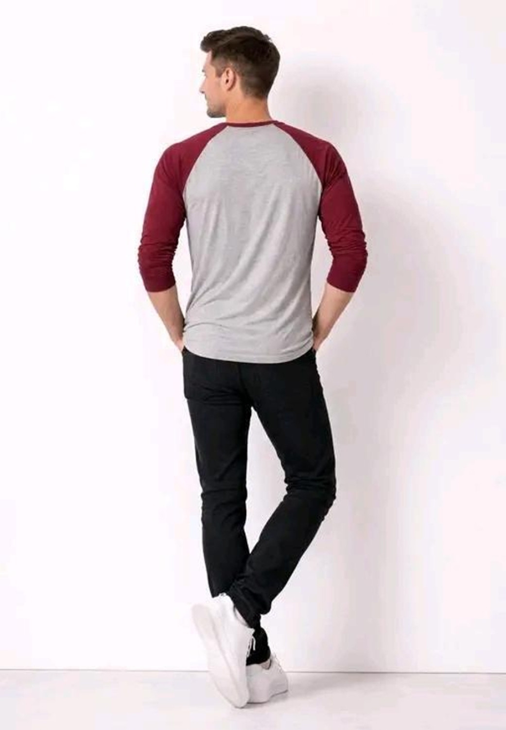 Image of essence tees Solid Men Round Neck Grey, Maroon T-Shirt