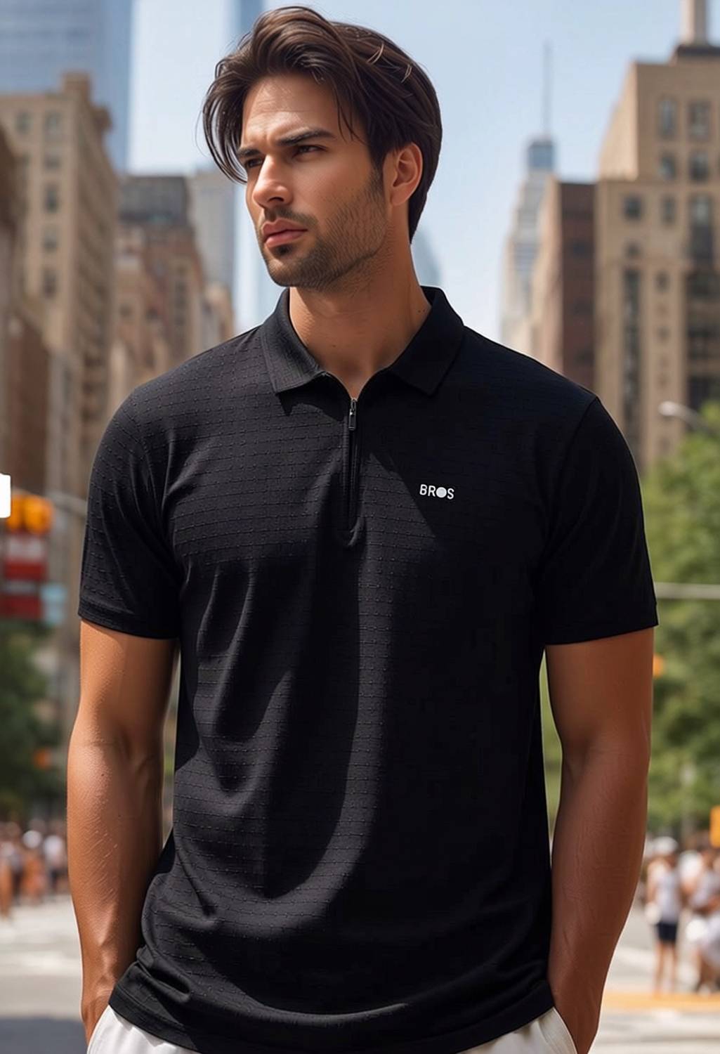 3BROS Men Self Design Polo Neck Polycotton Black T-Shirt