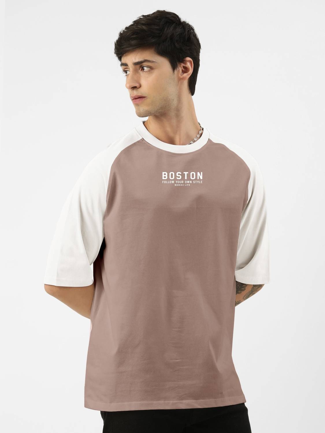 MANIAC Men Colorblock Round Neck Pure Cotton Pink T-Shirt