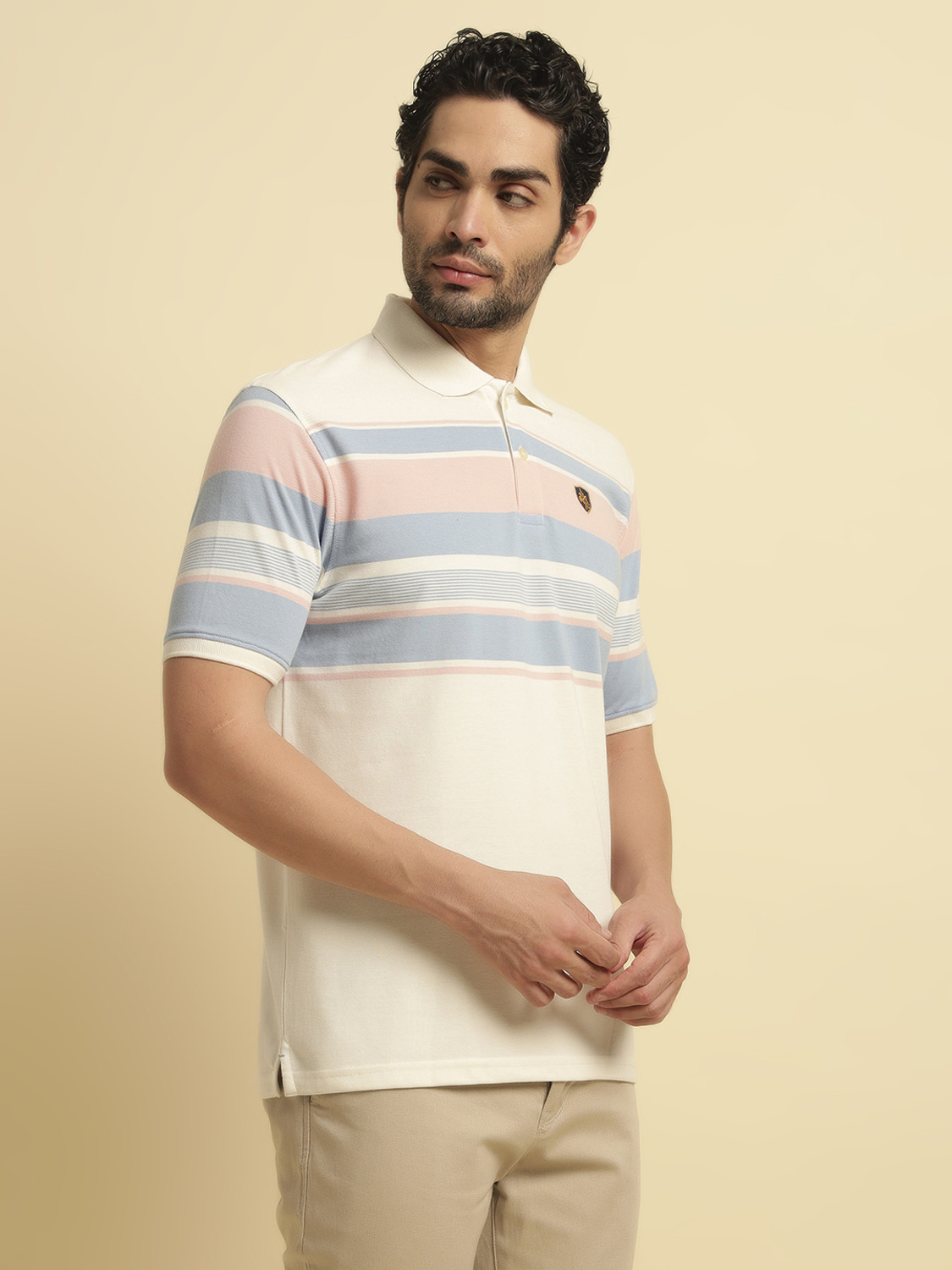 Image of CANTABIL Striped Men Polo Neck White T-Shirt
