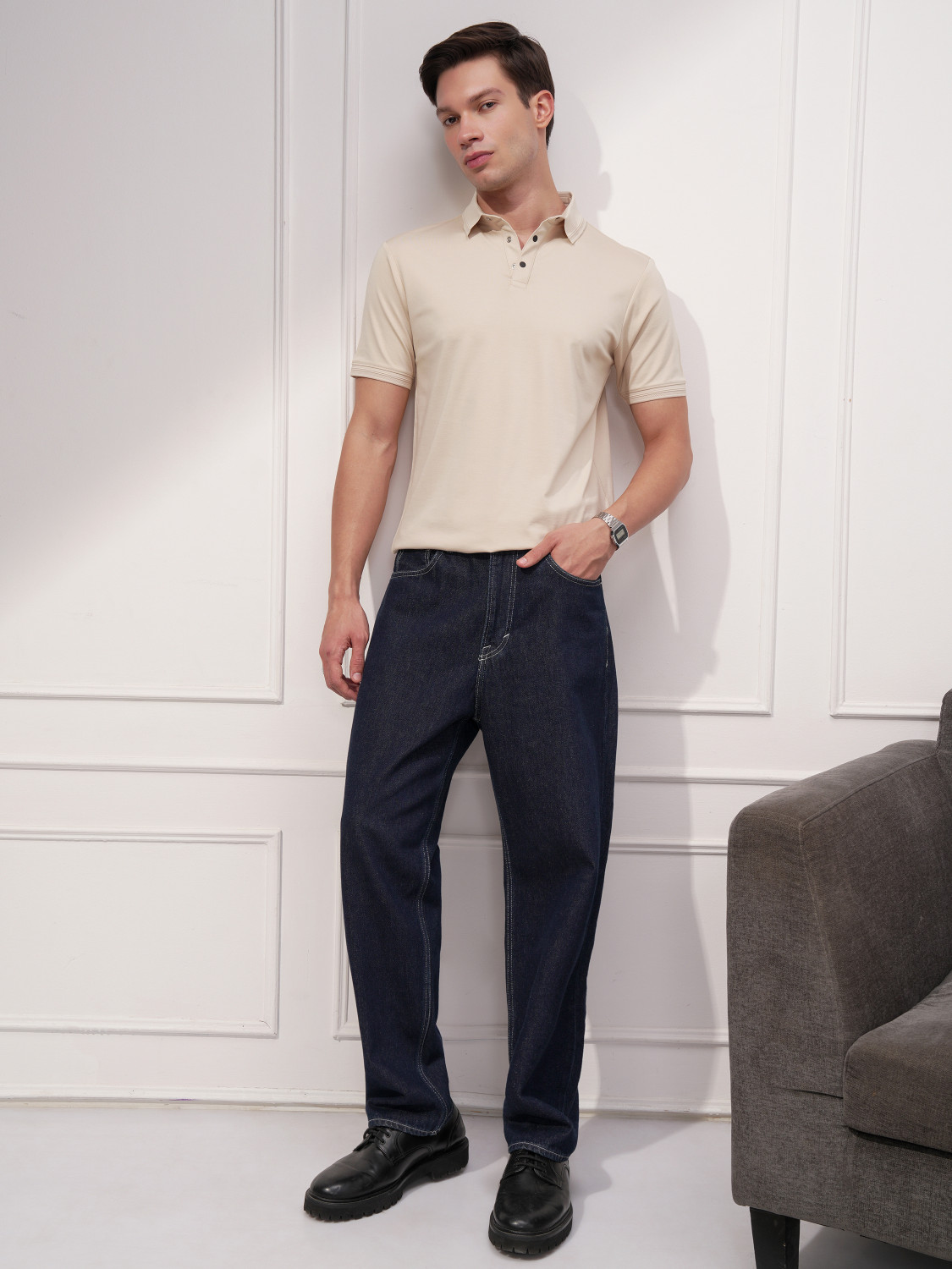 Image of HIGHLANDER Solid Men Polo Neck Beige T-Shirt