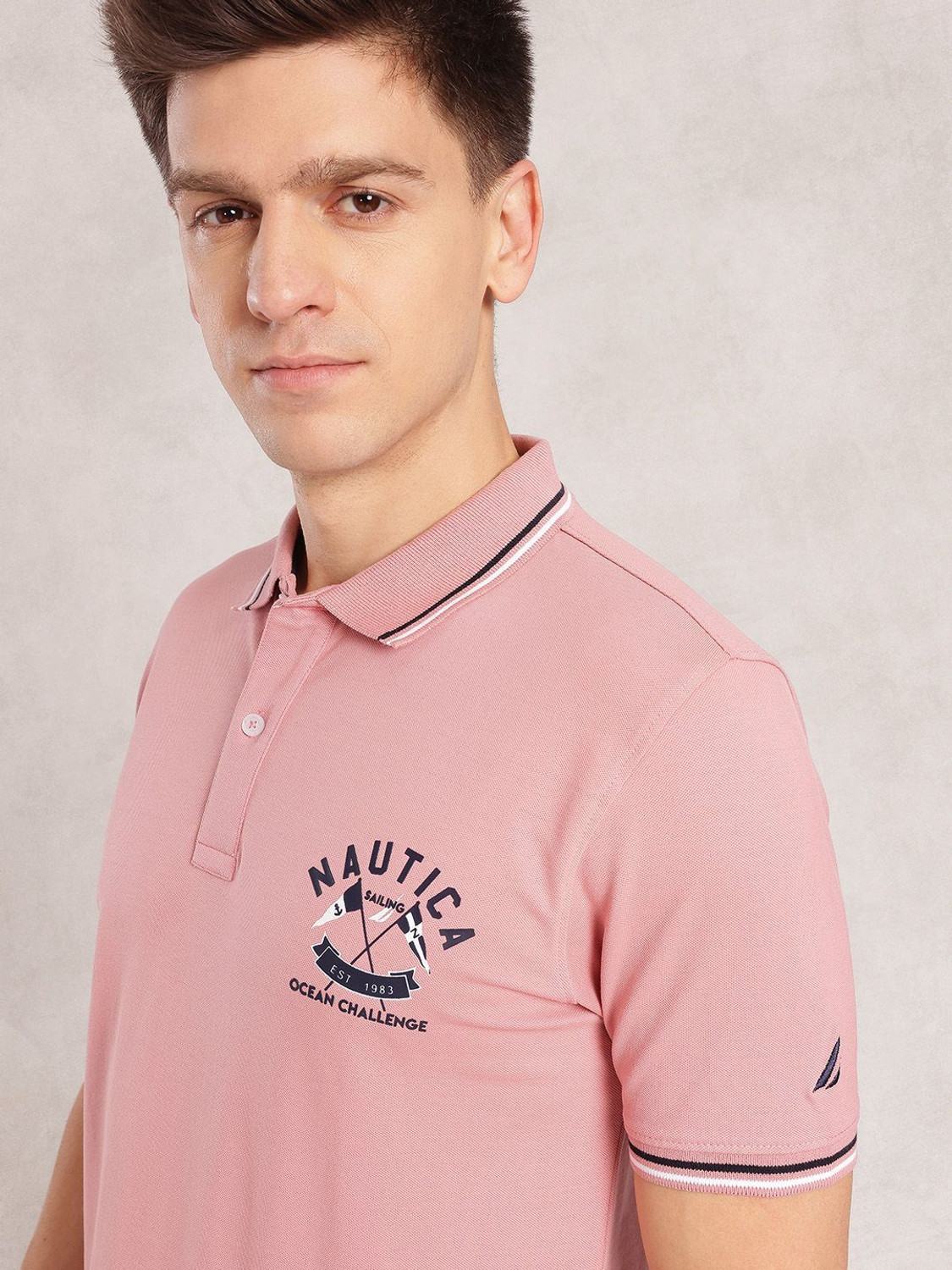 Image of NAUTICA Printed Men Polo Neck Pink T-Shirt