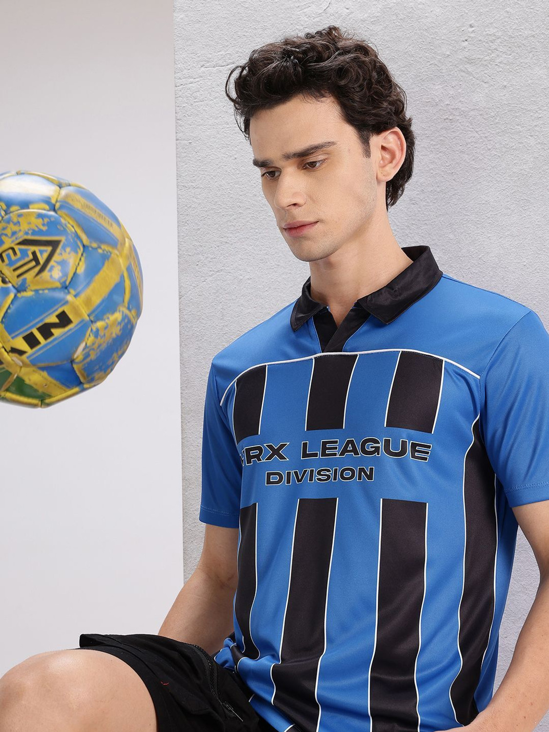 Image of HRX by Hrithik Roshan Striped Men Polo Neck Blue T-Shirt