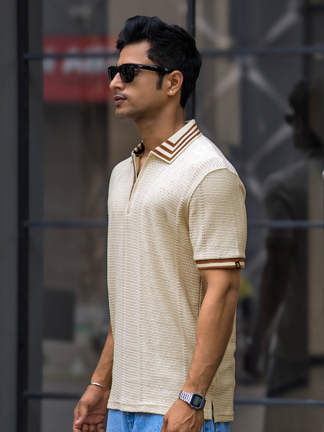 Image of MANIAC Self Design Men Polo Neck White T-Shirt