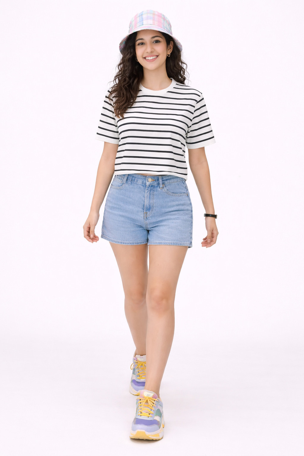 Image of BLACK STUDIO Striped Women Round Neck White, Black T-Shirt