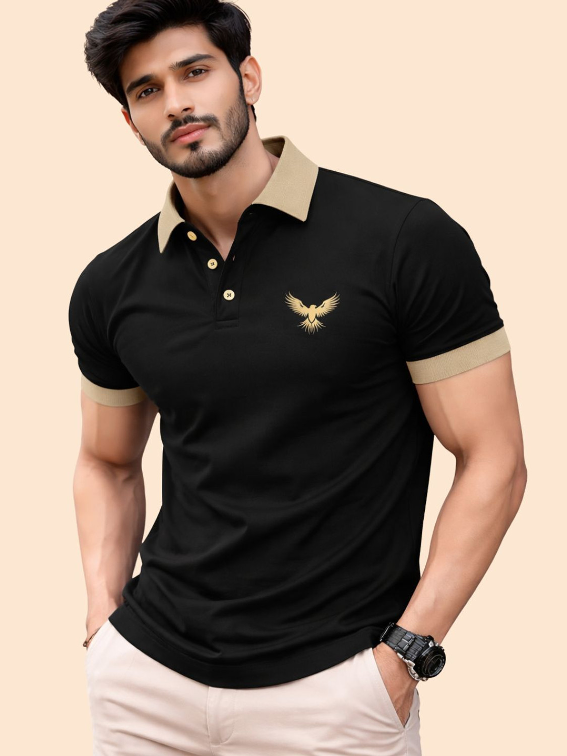 Image of DOPESTER Graphic Print Men Polo Neck Black T-Shirt