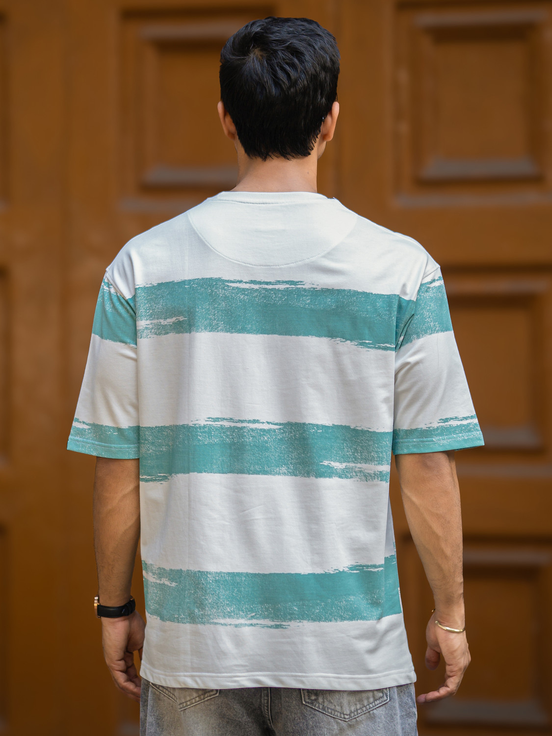Image of MANIAC Striped Men Round Neck Green, White T-Shirt