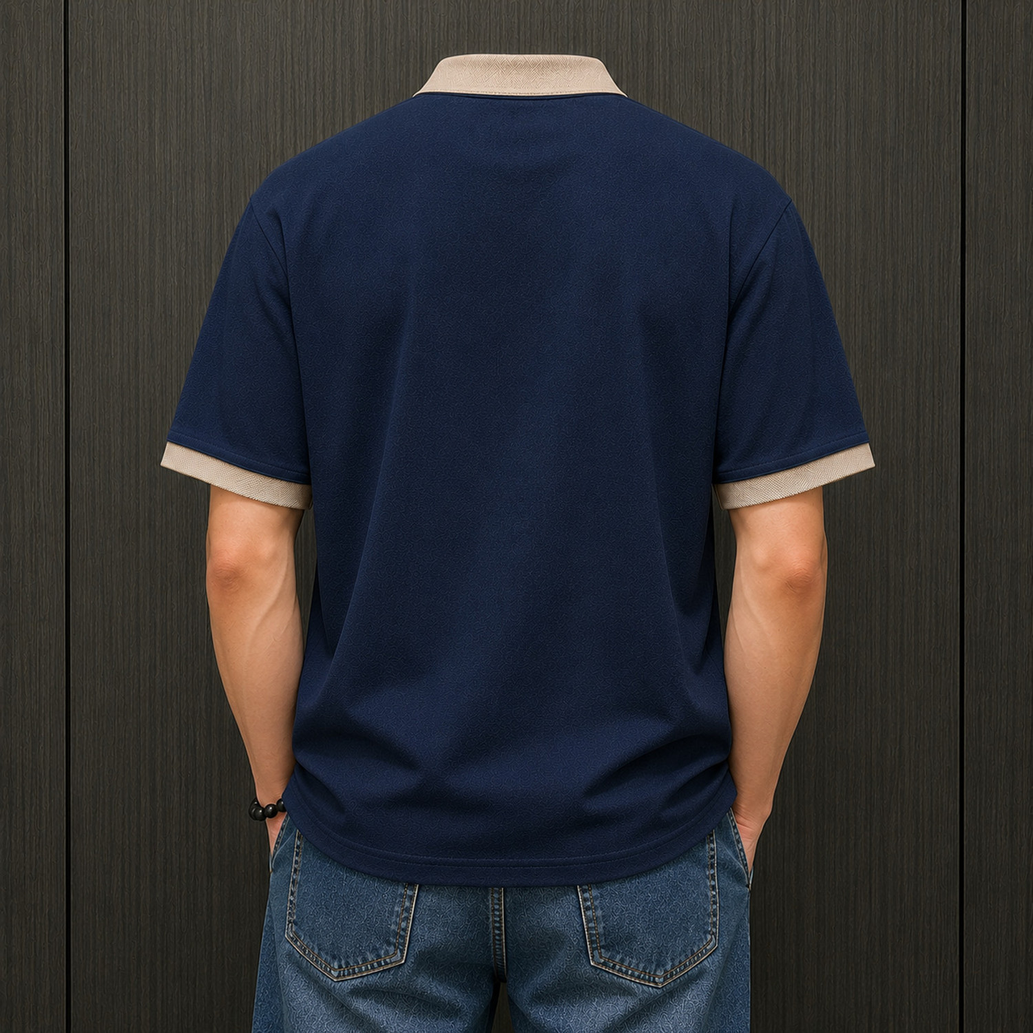 Image of TheGovindCo Solid Men Polo Neck Navy Blue T-Shirt