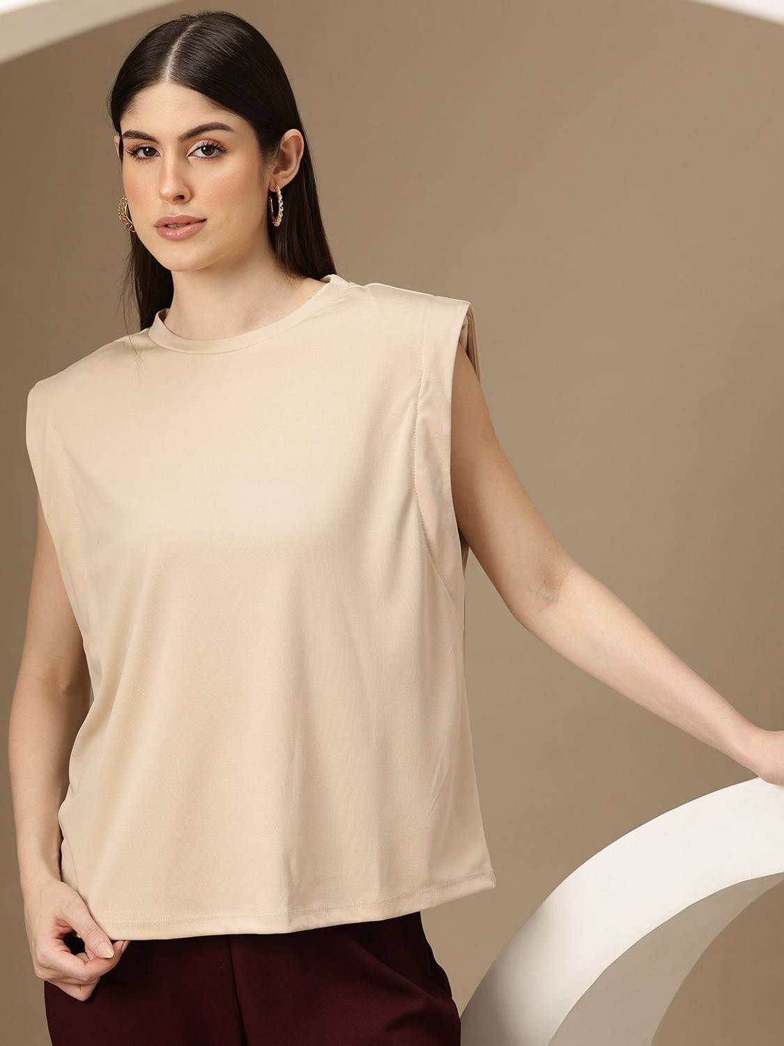 CHEMISTRY Solid Women Round Neck Beige T-Shirt