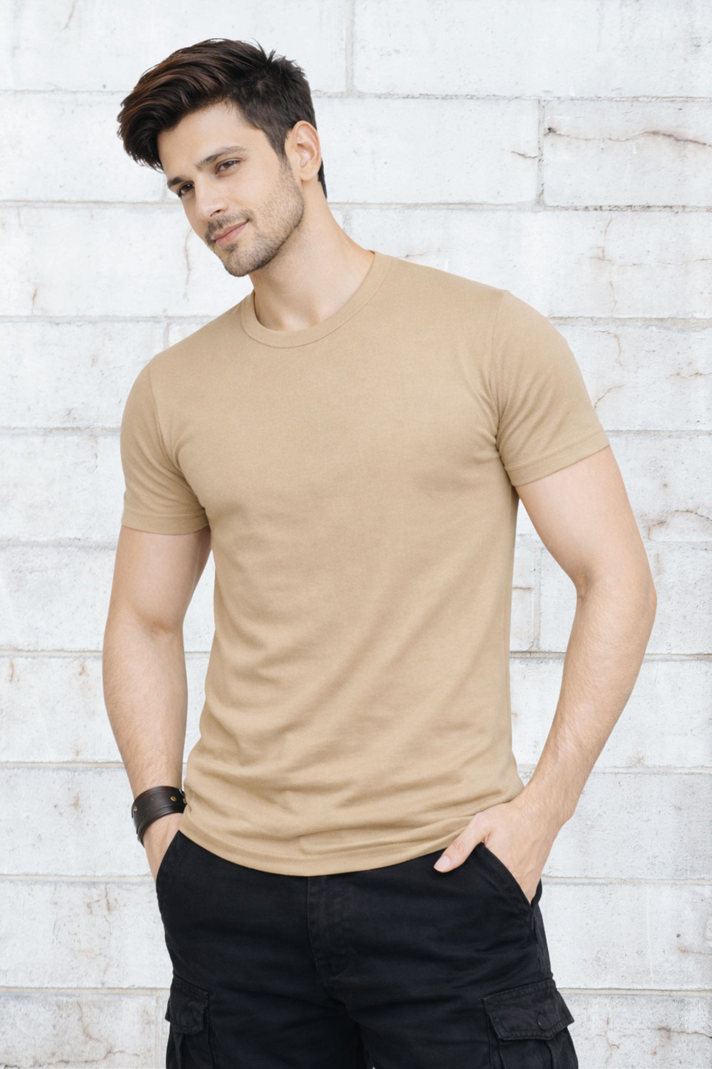 Image of SMARTRIX Solid Men Round Neck Beige, Navy Blue T-Shirt