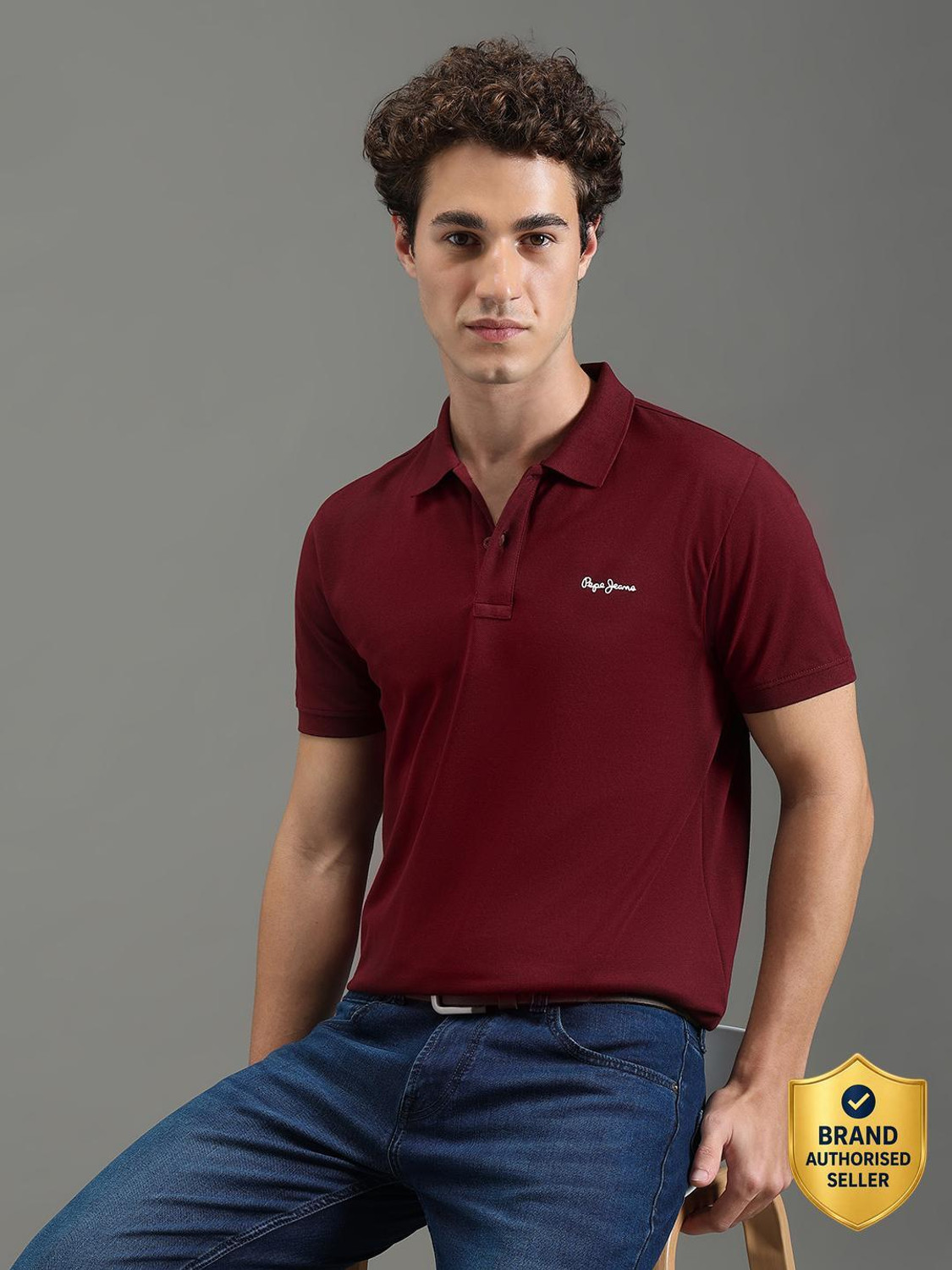 Image of Pepe Jeans Self Design Men Polo Neck Red T-Shirt