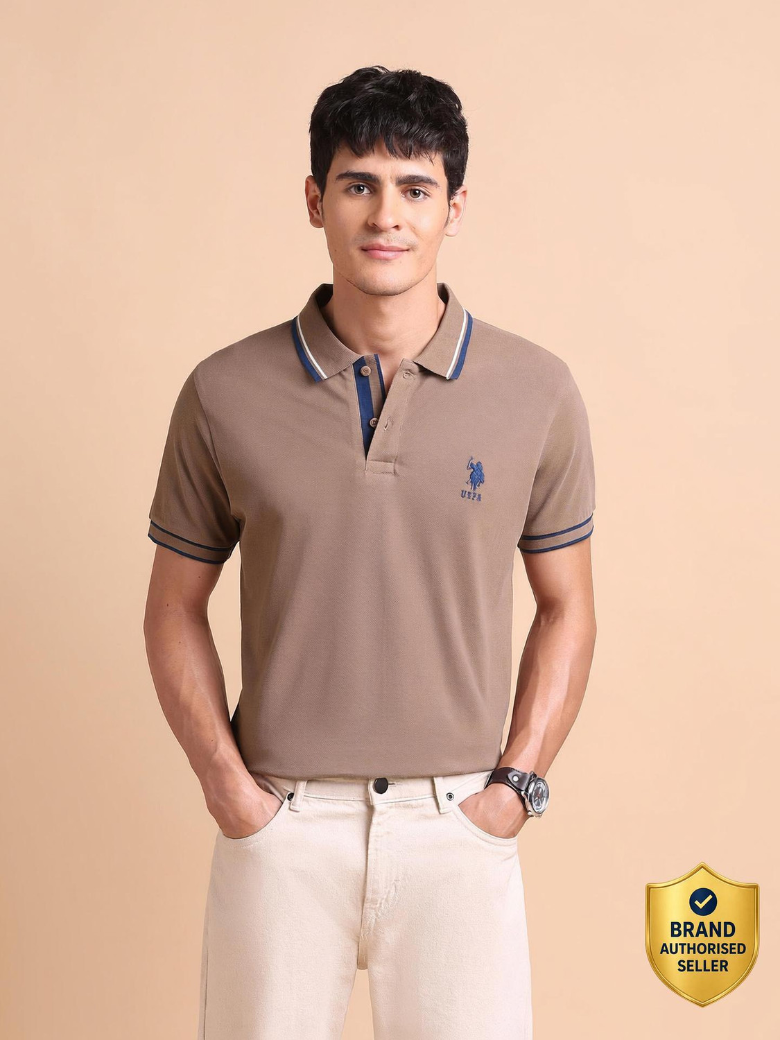 Image of U.S. POLO ASSN. Solid Men Polo Neck Brown T-Shirt