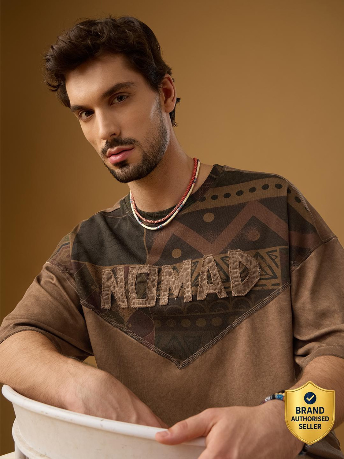 Image of The Souled Store Men Printed Round Neck Pure Cotton Brown T-Shirt