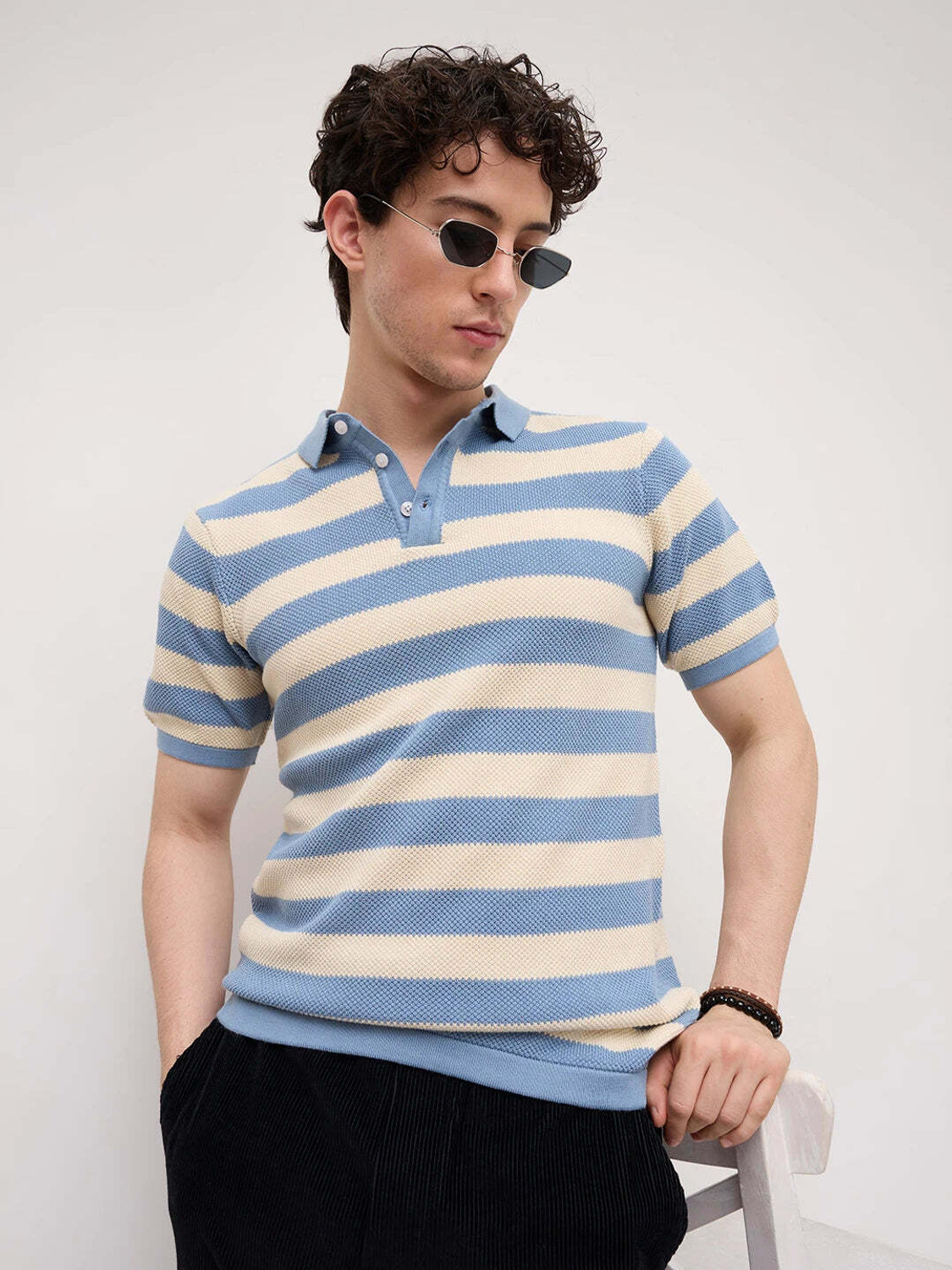 Image of VASTRADO Striped Men Polo Neck Blue T-Shirt