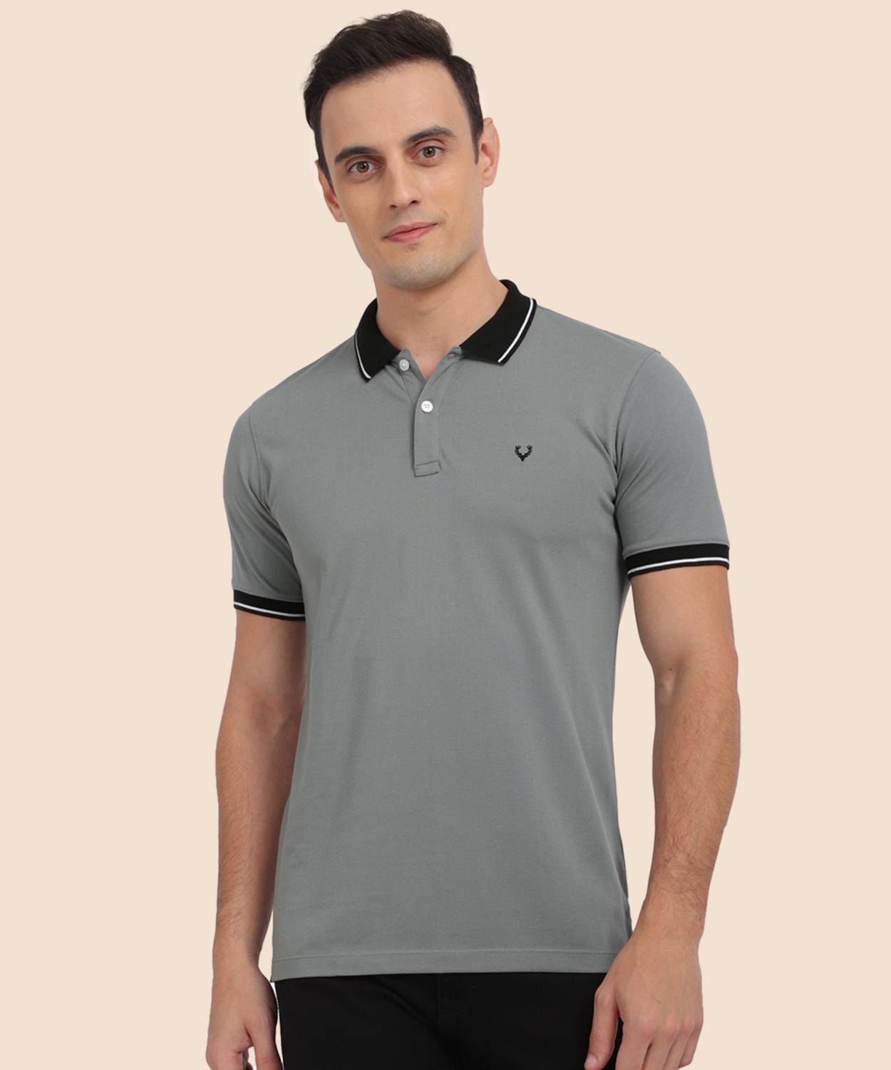 Allen Solly Men Solid Polo Neck Cotton Blend Grey T-Shirt