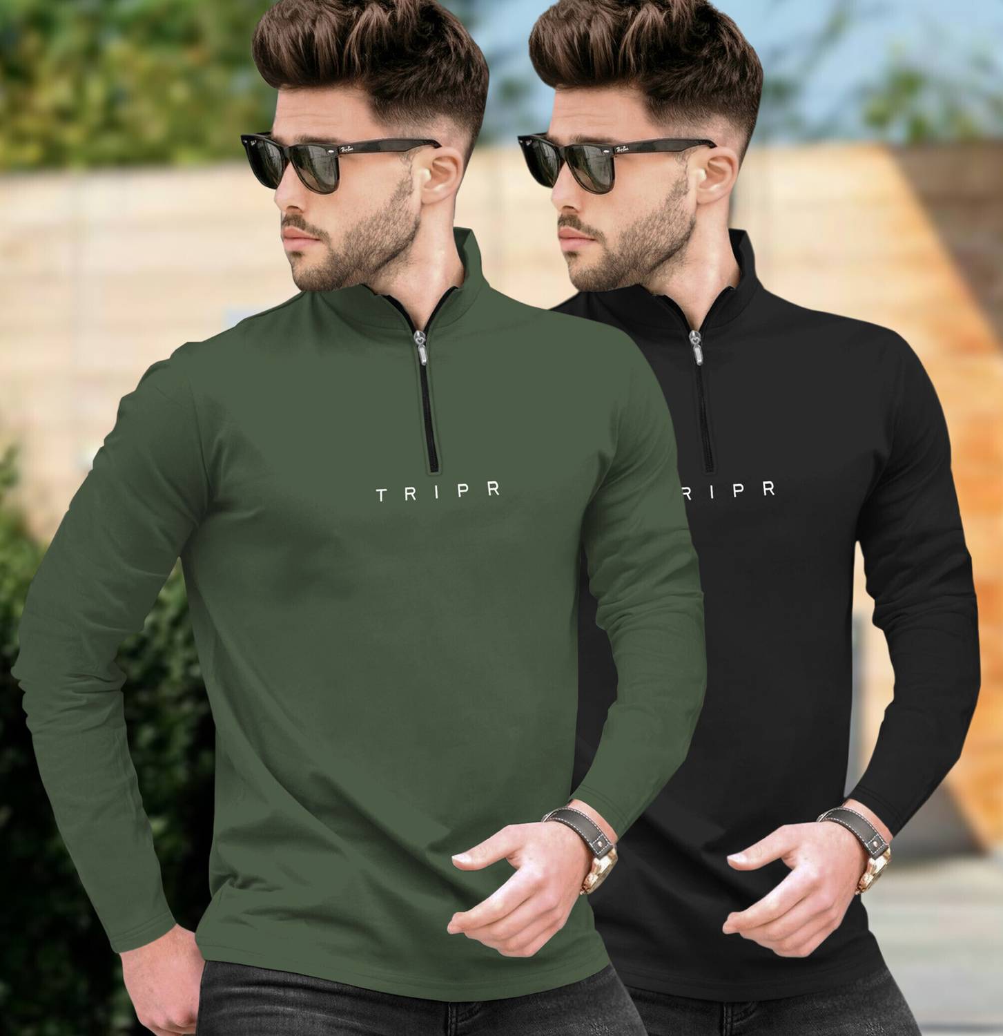 TRIPR Pack of 2 Men Solid Henley Neck Cotton Blend Dark Green, Bl