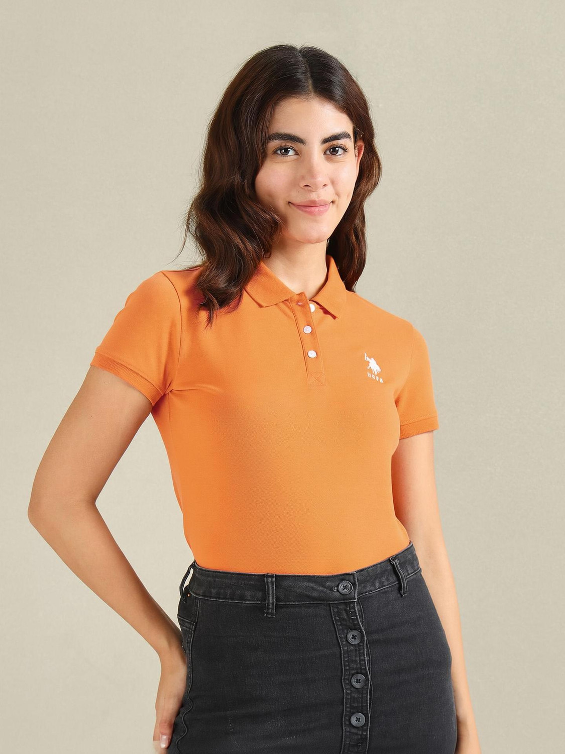 Image of U.S. POLO ASSN. Solid Women Polo Neck Yellow T-Shirt
