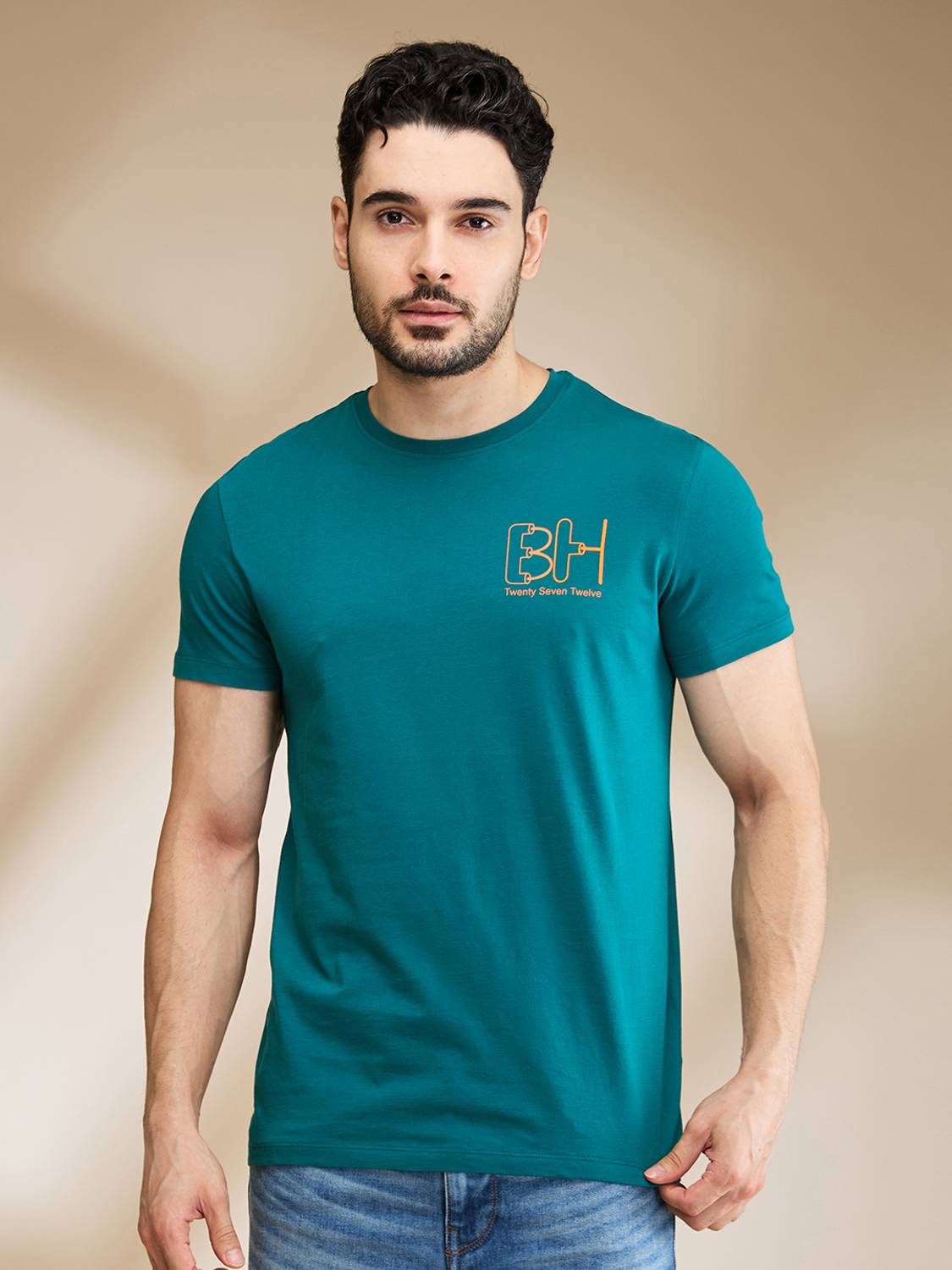 BEING HUMAN Printed Men Crew Neck Green T-Shirt