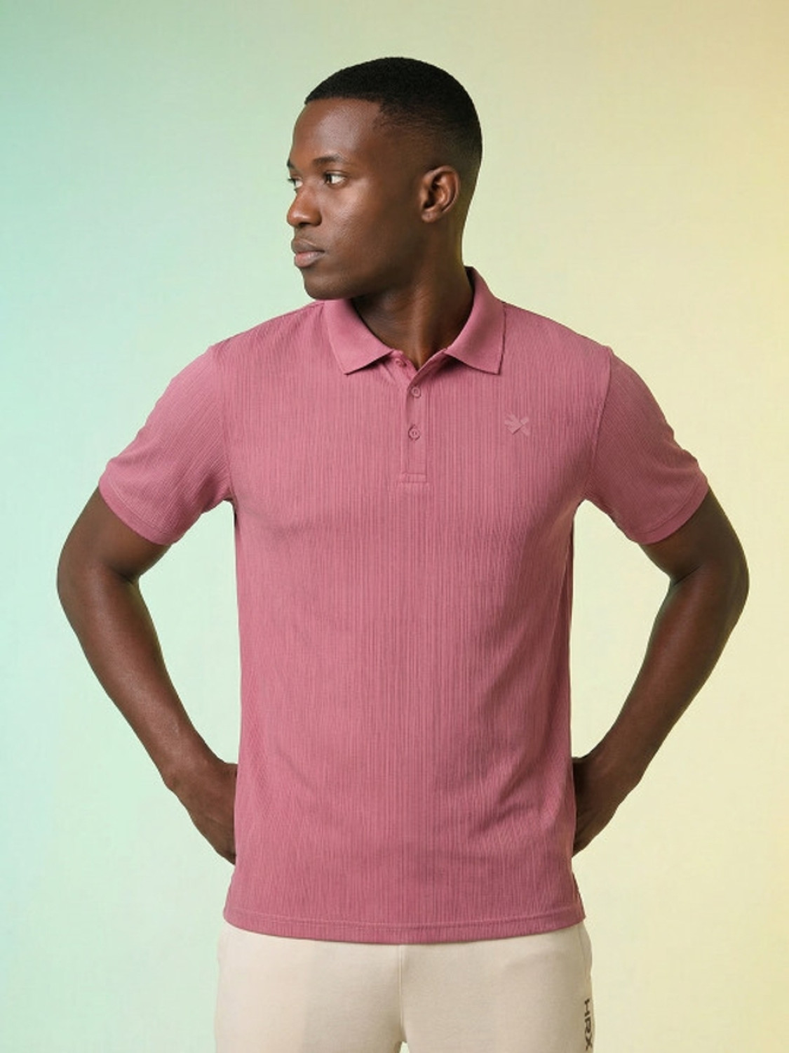 HRX by Hrithik Roshan Self Design Men Polo Neck Pink T-Shirt