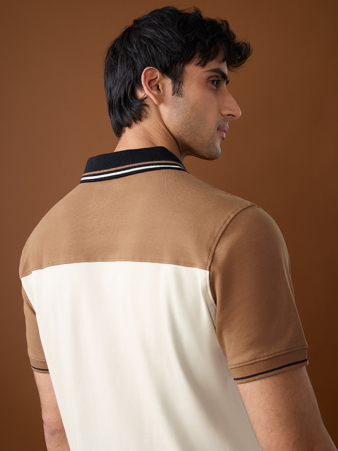 Image of The Souled Store Colorblock Men Polo Neck Beige T-Shirt