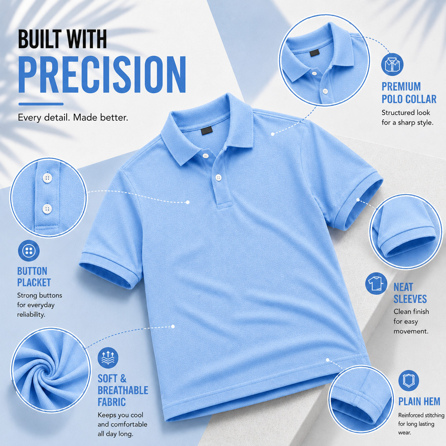 Image of lifestyle by Fadiction Men Solid Polo Neck Polyester Light Blue T-Shirt