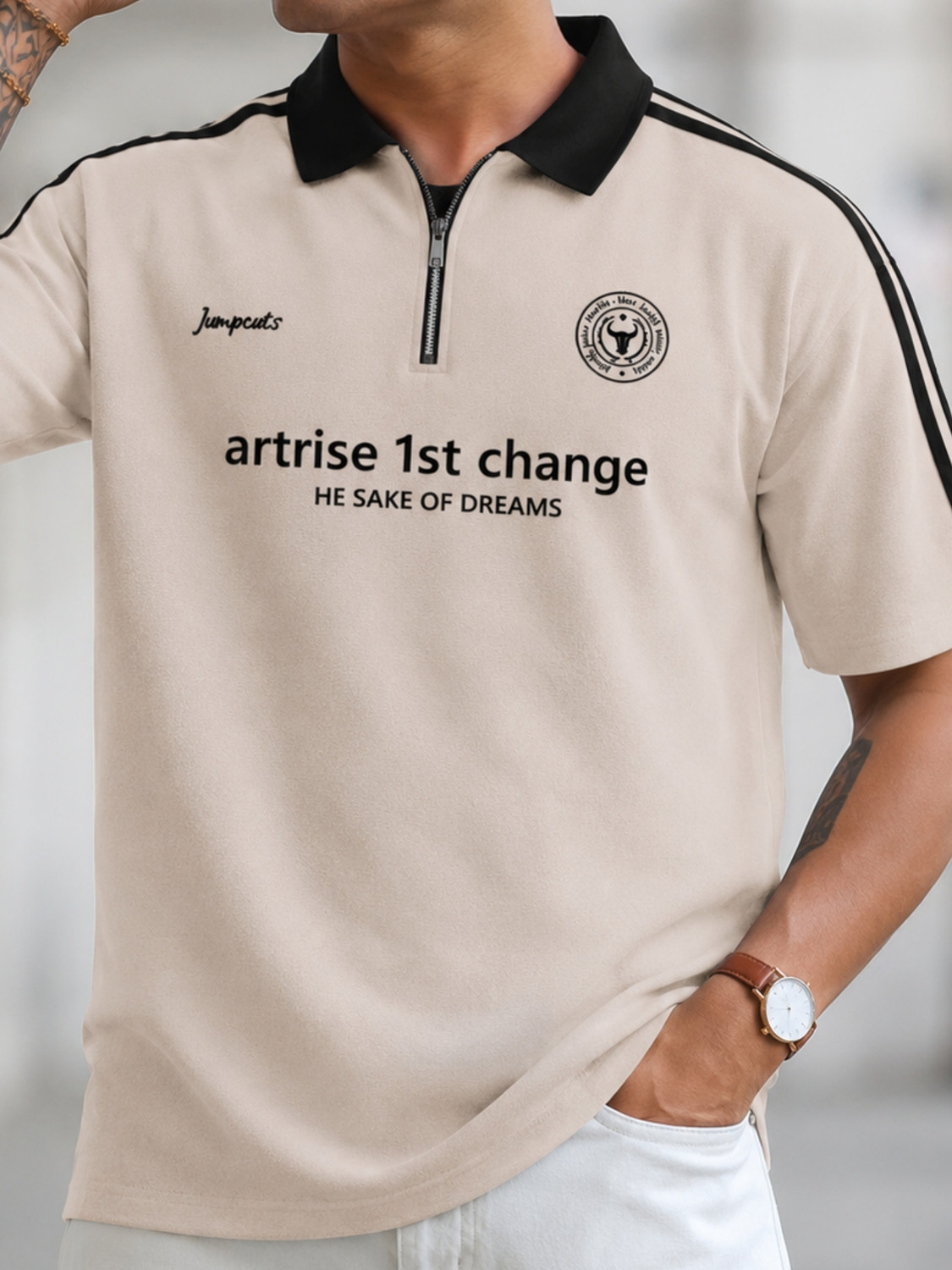 Image of Jump Cuts Printed Men Zip Neck Beige T-Shirt