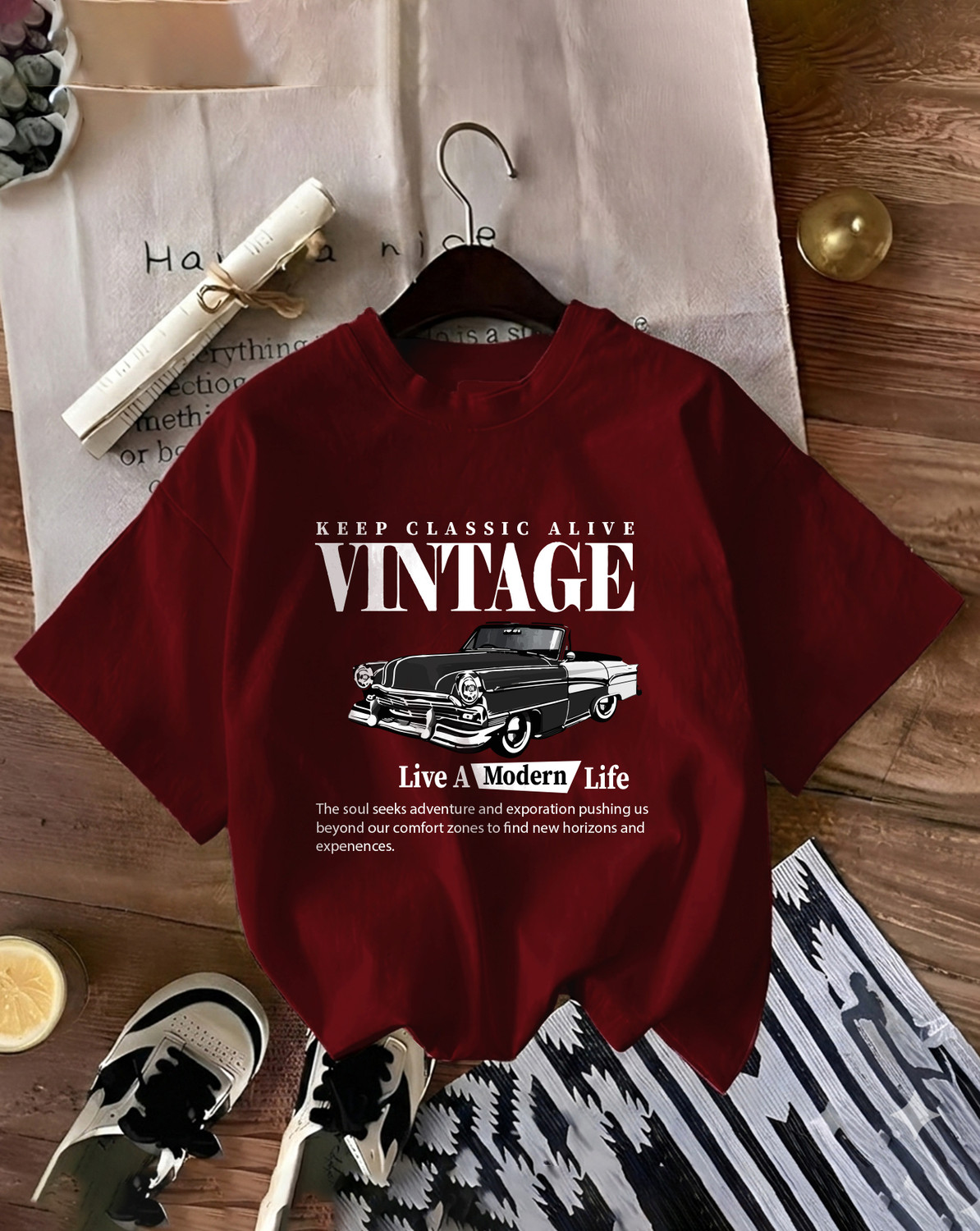 Image of GLOBAL NOMAD Women Graphic Print Round Neck Cotton Blend Maroon T-Shirt