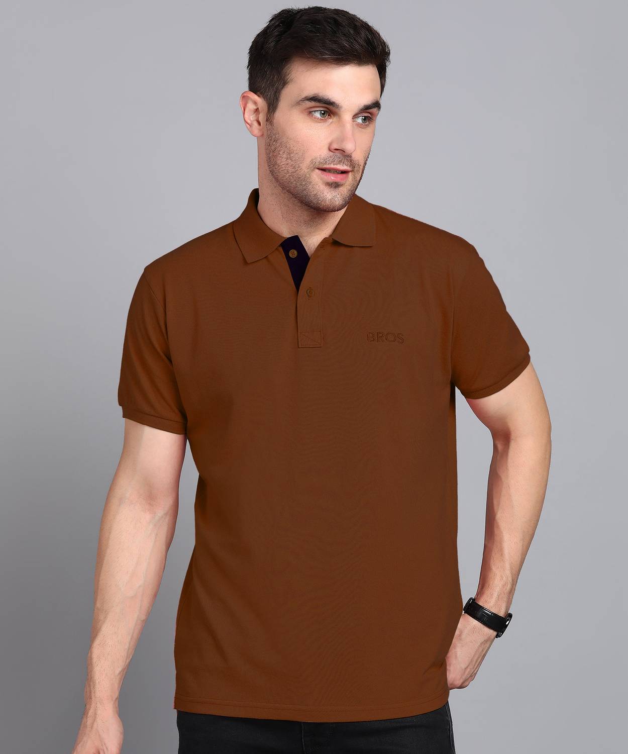 3BROS Men Solid Polo Neck Cotton Blend Brown T-Shirt