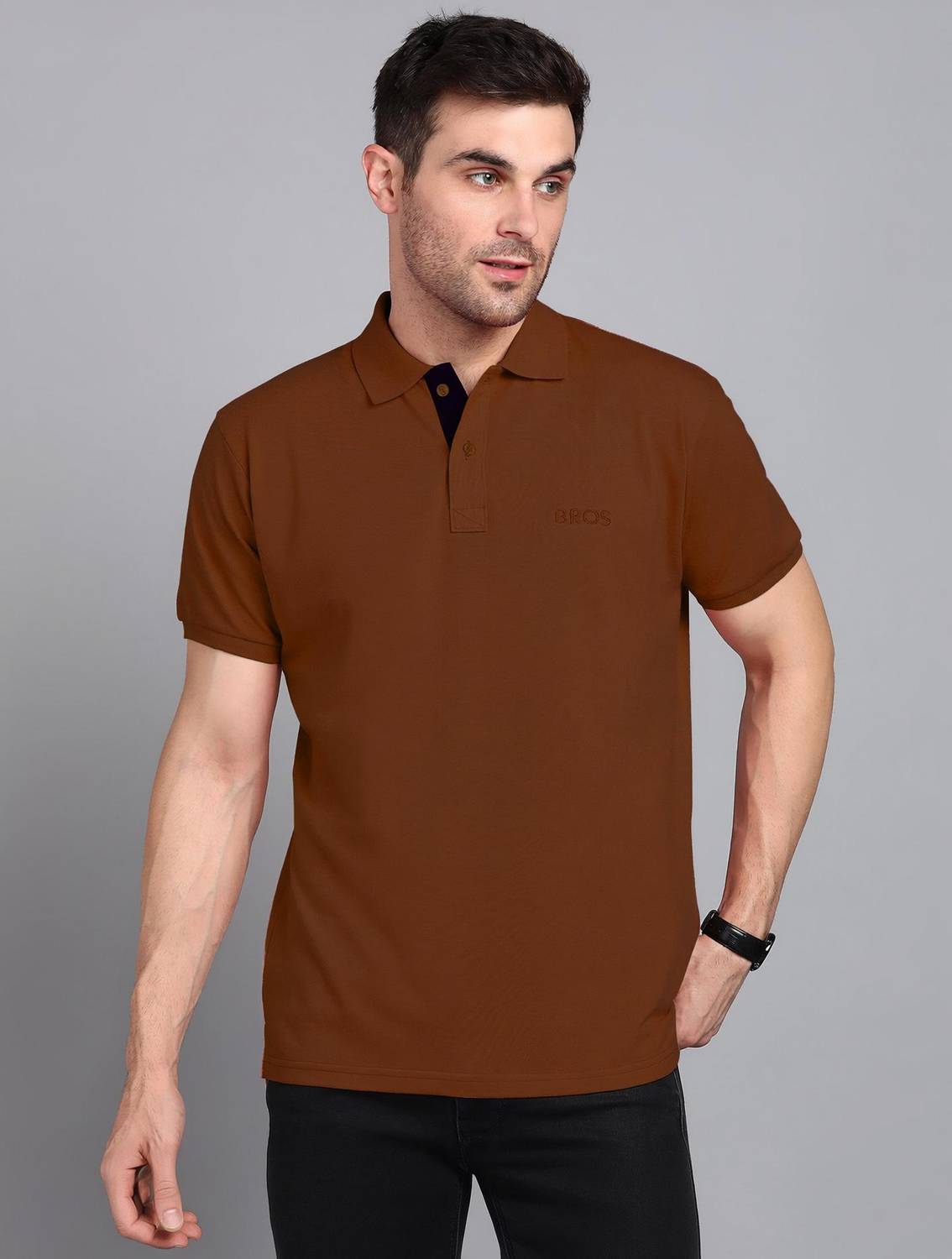 3BROS Men Colorblock Polo Neck Cotton Blend Brown T-Shirt